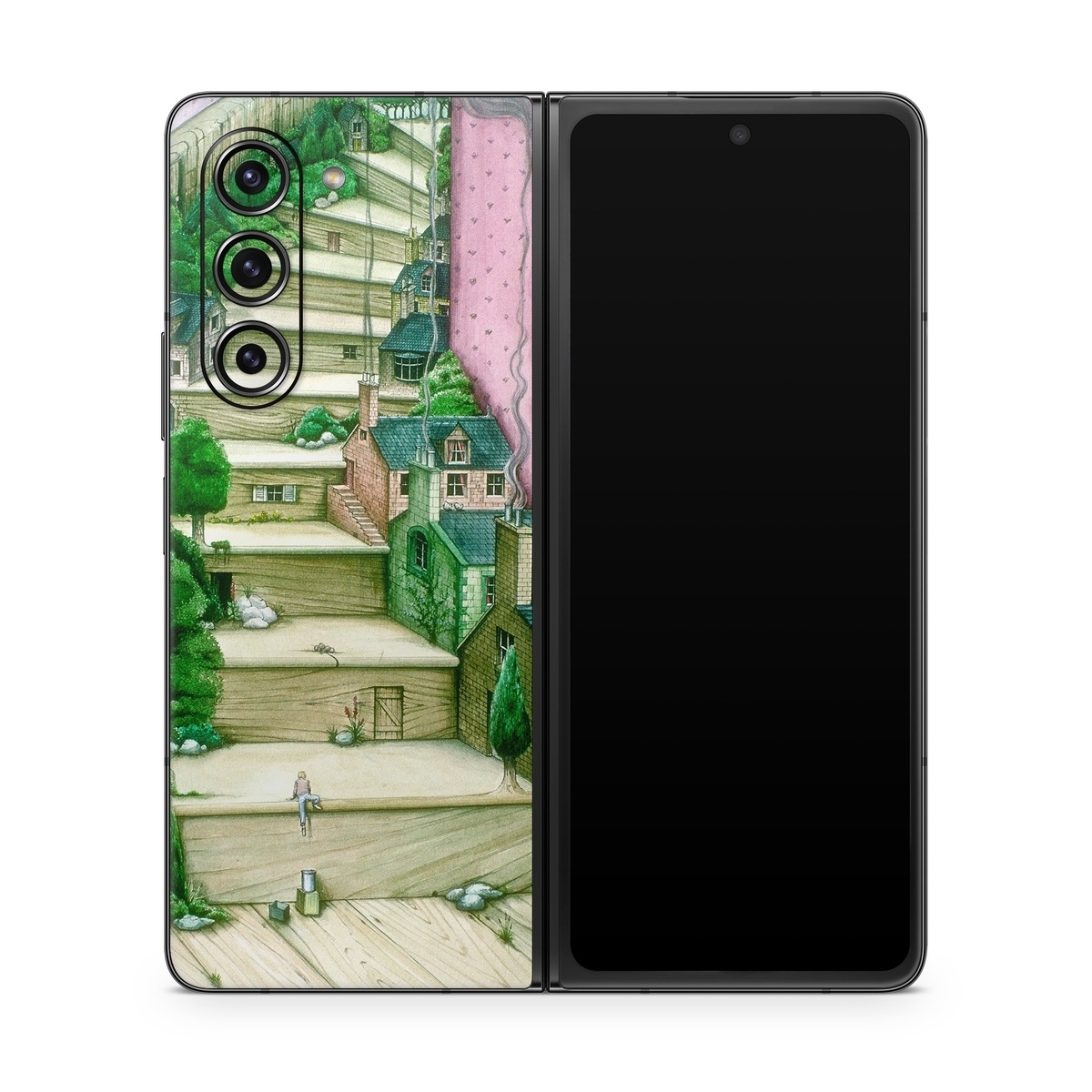 Samsung Galaxy Z Fold5 Skin design of Green, Stairs, House, Watercolor paint, Home, Illustration, Building, Wood, Plant, Sketch, with pink, green, brown colors