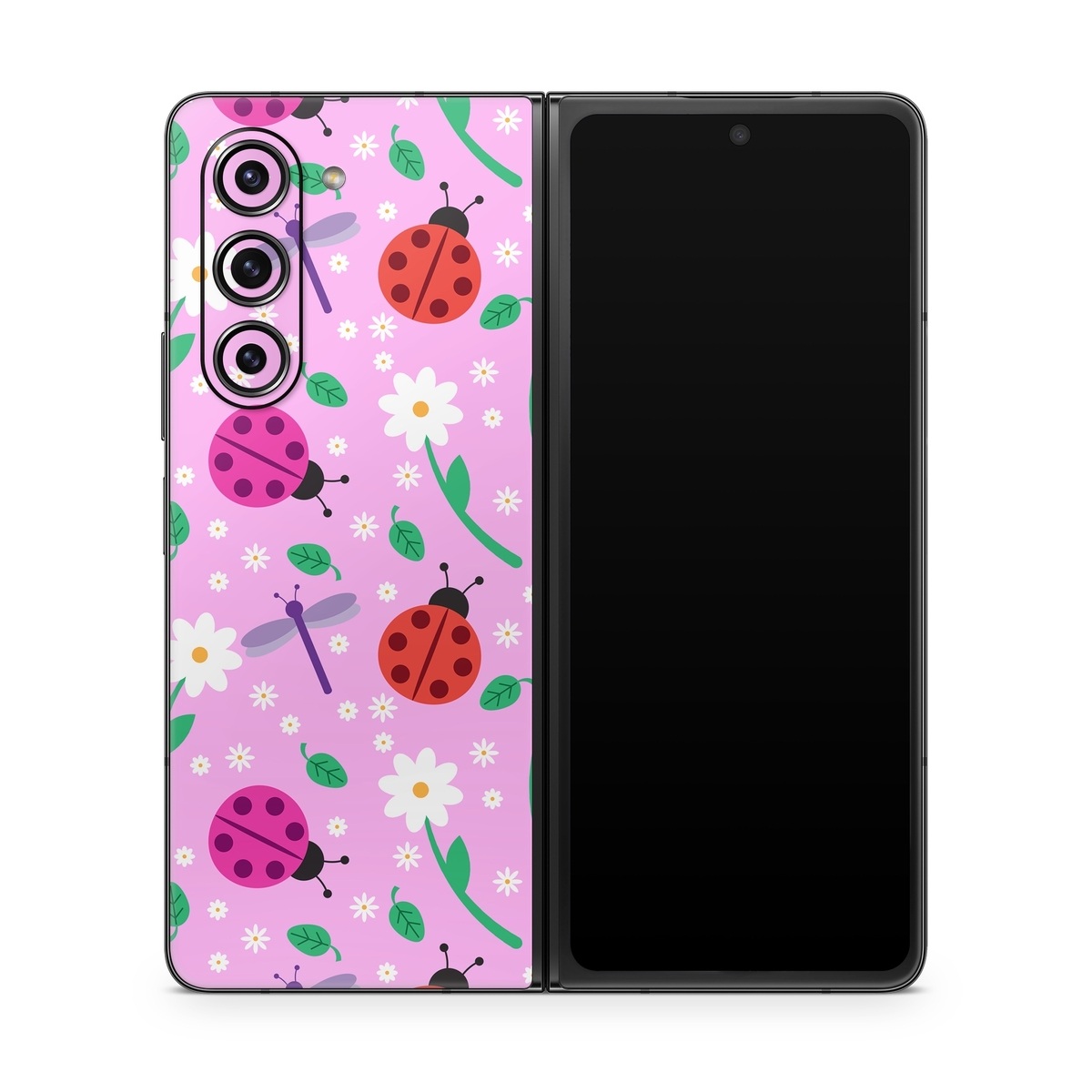 Samsung Galaxy Z Fold5 Skin design of Pink, Pattern, Design, Magenta, Clip art, Plant, Visual arts, Ladybug, Child art, Illustration, with pink, white, purple, gray, red, blue colors