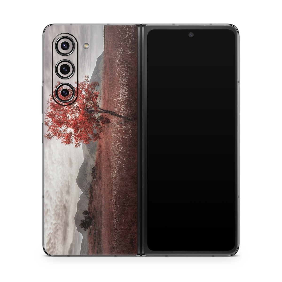 Samsung Galaxy Z Fold5 Skin design of Natural landscape, Nature, Tree, Sky, Red, Natural environment, Atmospheric phenomenon, Leaf, Cloud, Woody plant, with black, gray, red colors