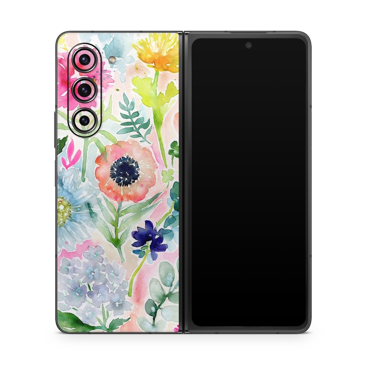Samsung Galaxy Z Fold5 Skin design of Flower, Watercolor paint, Plant, Flowering plant, Pattern, Floral design, Botany, Petal, Wildflower, Design, with green, pink, yellow, orange, blue, red, purple colors