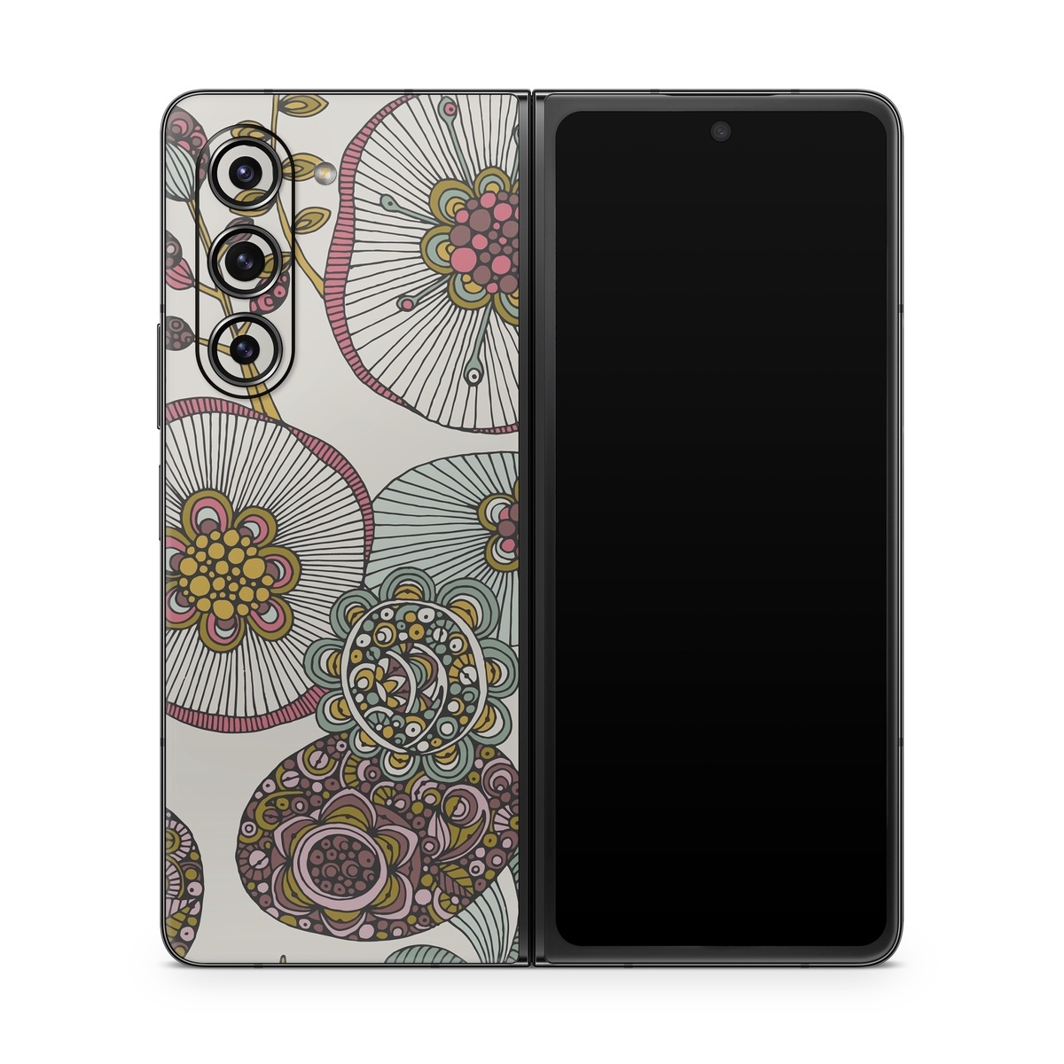 Samsung Galaxy Z Fold5 Skin design of Pattern, Textile, Botany, Visual arts, Motif, Design, Needlework, Circle, Floral design, with gray, pink, green, blue, purple colors