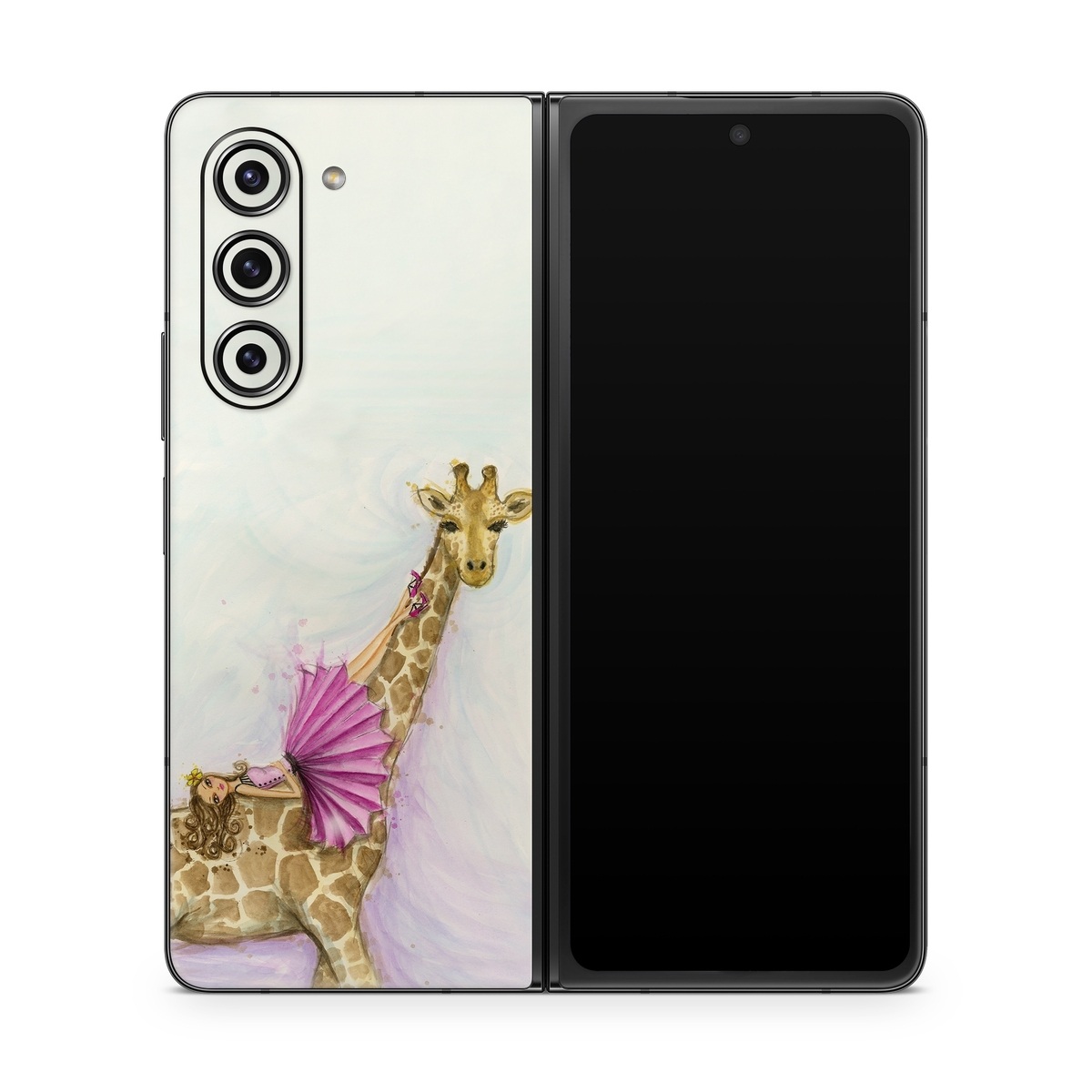 Samsung Galaxy Z Fold5 Skin design of Giraffe, Giraffidae, Terrestrial animal, Pink, Wildlife, Snout, Fawn, Illustration, Watercolor paint, Magenta, with blue, brown, orange, pink colors