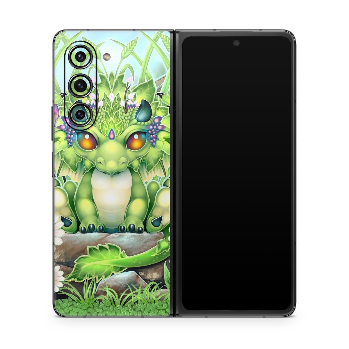 Samsung Galaxy Z Fold5 Skin design of Plant, Green, Leaf, Natural environment, Flower, Terrestrial plant, Grass, Creative arts, People in nature, Art, with green, white, yellow, brown, blue colors