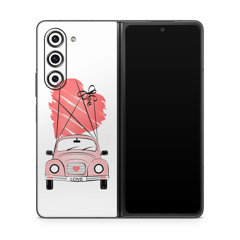 Samsung Galaxy Z Fold5 Skin design of Land vehicle, Wheel, Vehicle, Tire, Hood, Automotive lighting, Car, Motor vehicle, Kit car, Cartoon, with white, pink, black, red colors