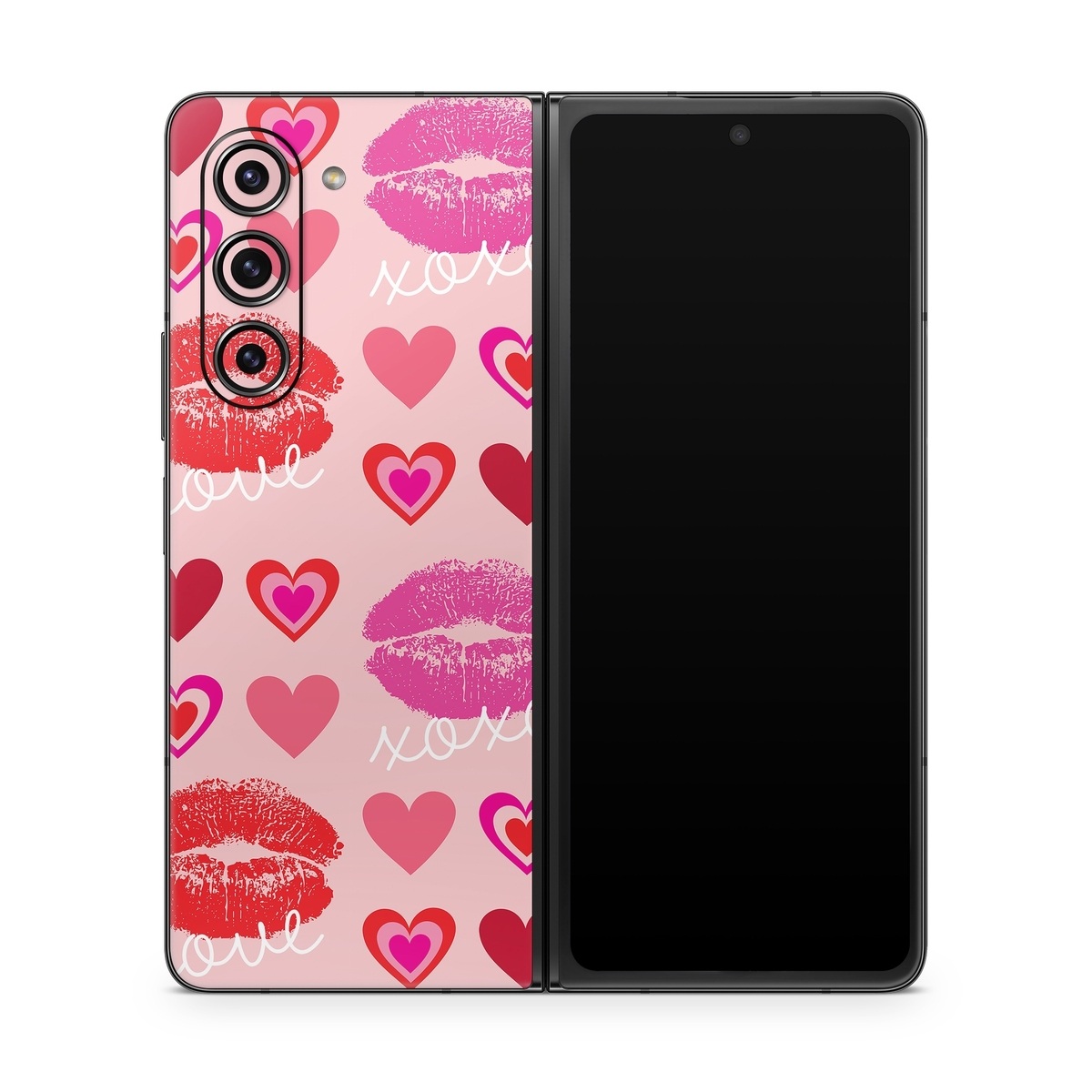 Samsung Galaxy Z Fold5 Skin design of Organ, Pink, Red, Font, Material property, Magenta, Heart, Pattern, Happy, Love, with pink, red, white colors