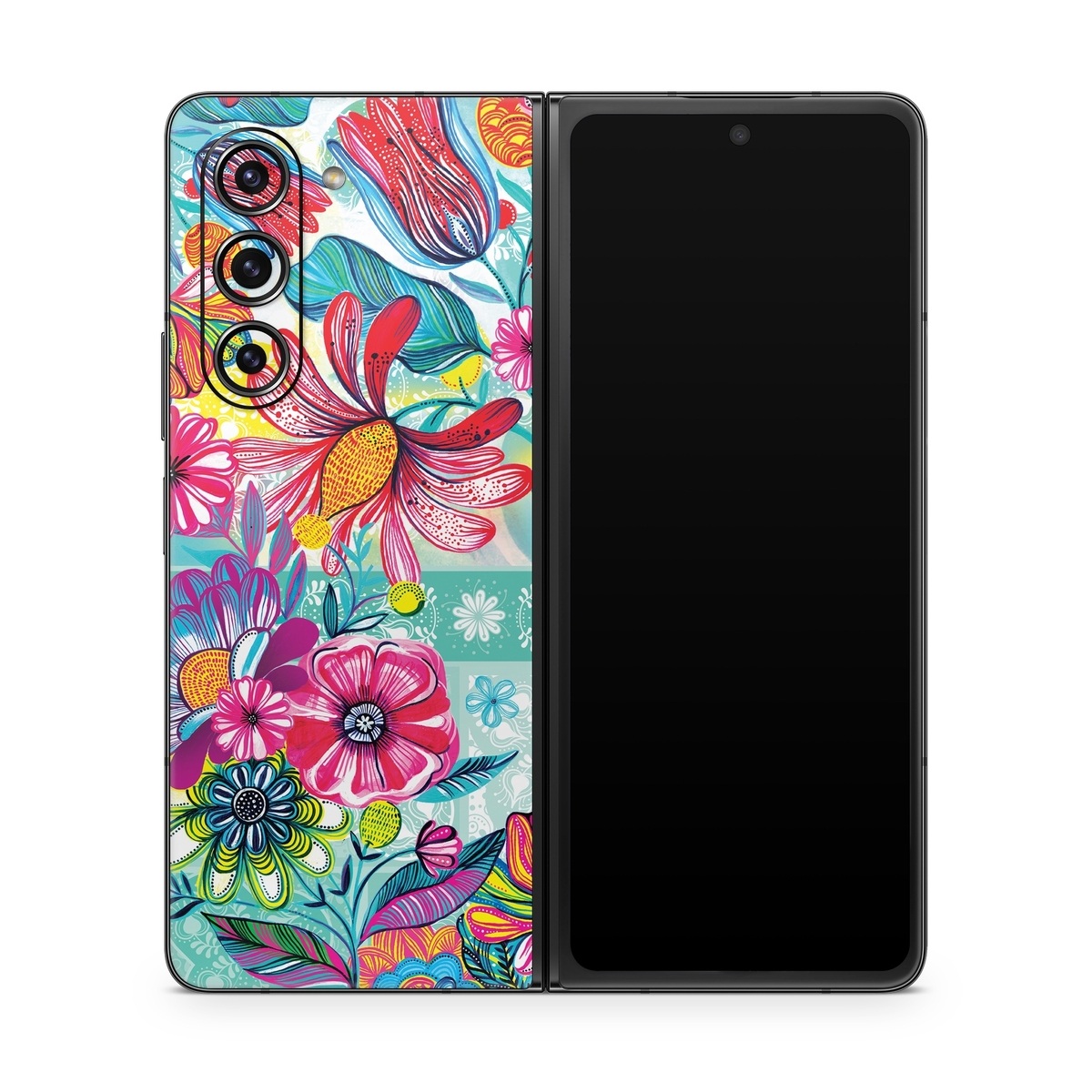 Samsung Galaxy Z Fold5 Skin design of Pattern, Floral design, Textile, Pink, Design, Flower, Visual arts, Wildflower, Plant, with blue, pink, purple, red, green, yellow, orange colors
