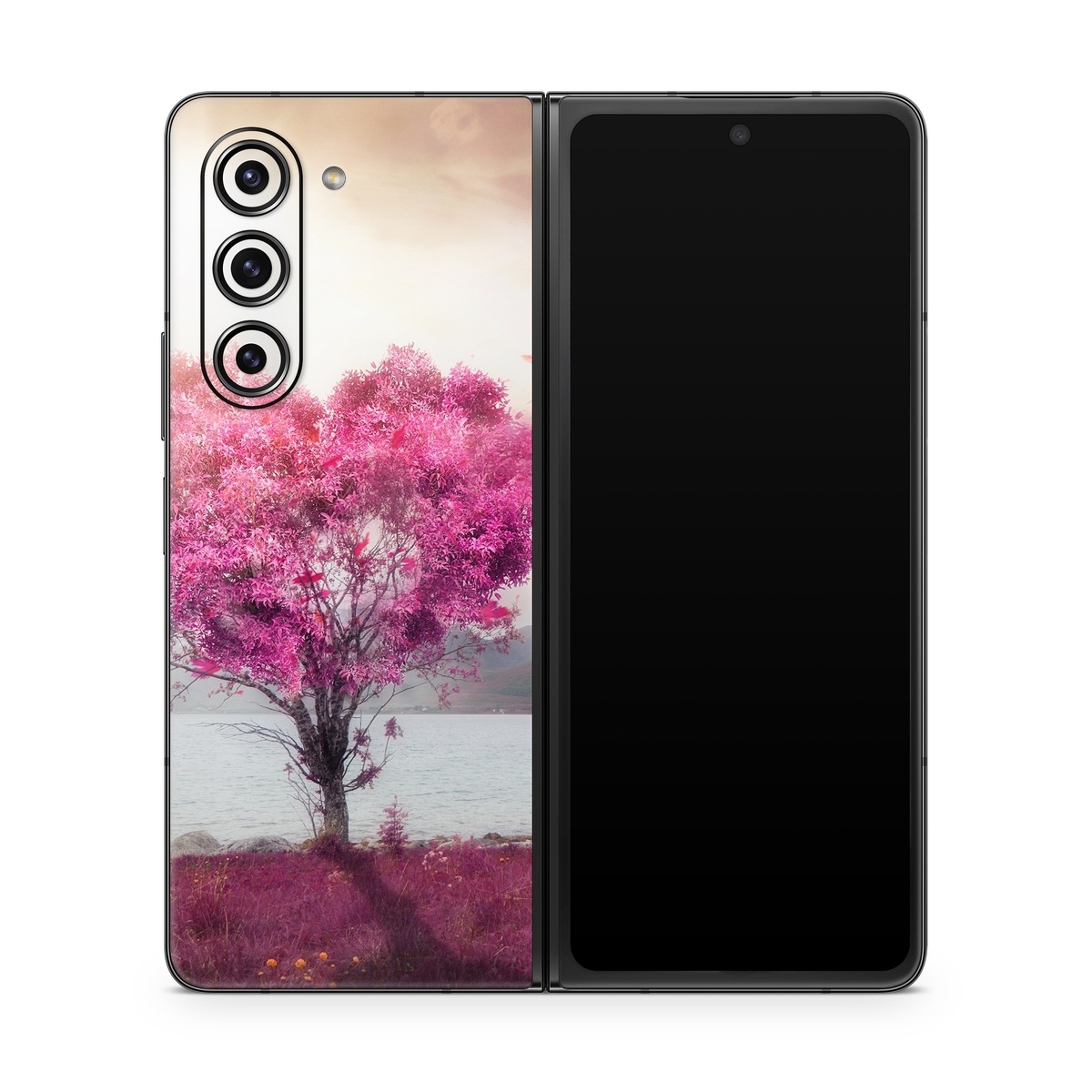Samsung Galaxy Z Fold5 Skin design of Sky, Nature, Natural landscape, Pink, Tree, Spring, Purple, Landscape, Cloud, Magenta, with pink, yellow, blue, black, gray colors