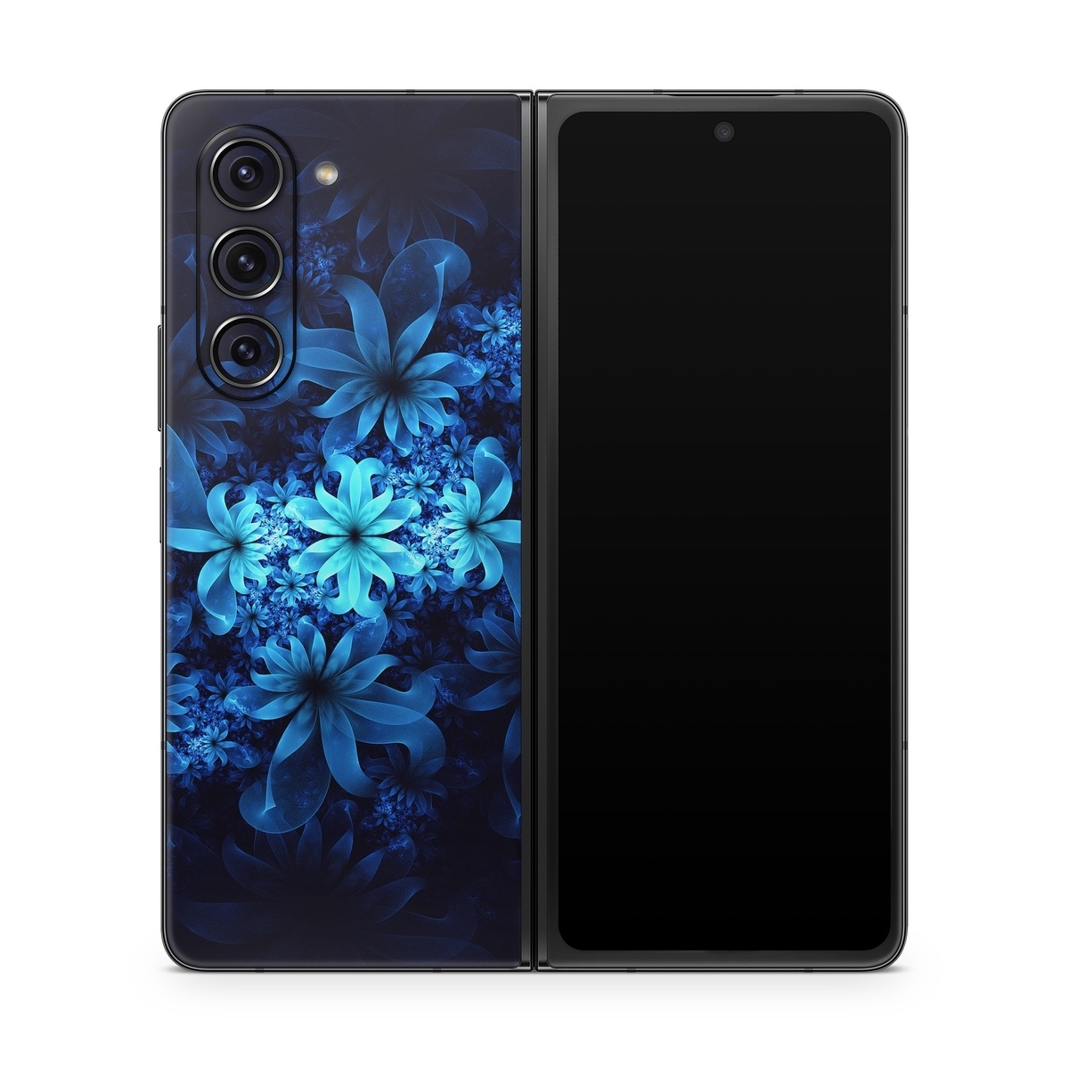 Samsung Galaxy Z Fold5 Skin design of Nature, Blue, Petal, Organism, Darkness, Flower, Colorfulness, Electric Blue, Majorelle Blue, Pattern, Botany, Still Life Photography, Space, Aquatic Plant, Fractal Art, Visual Arts, Illustration, Symmetry, Midnight, Wildflower, Painting, Still Life, with black, blue, white colors