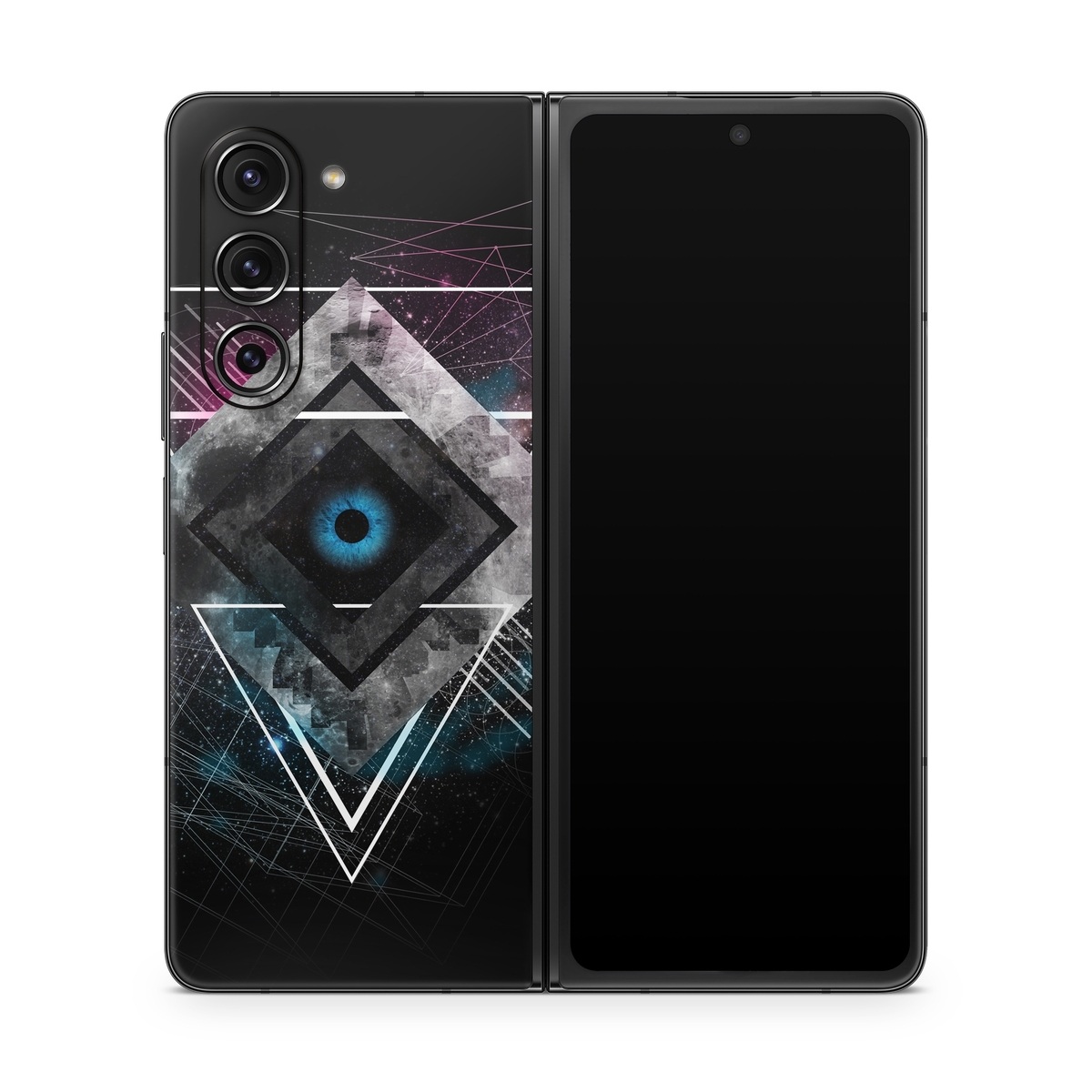 Samsung Galaxy Z Fold5 Skin design of Graphic design, Design, Pattern, Graphics, Illustration, Font, Circle, Triangle, Fractal art, Logo, with black, gray colors