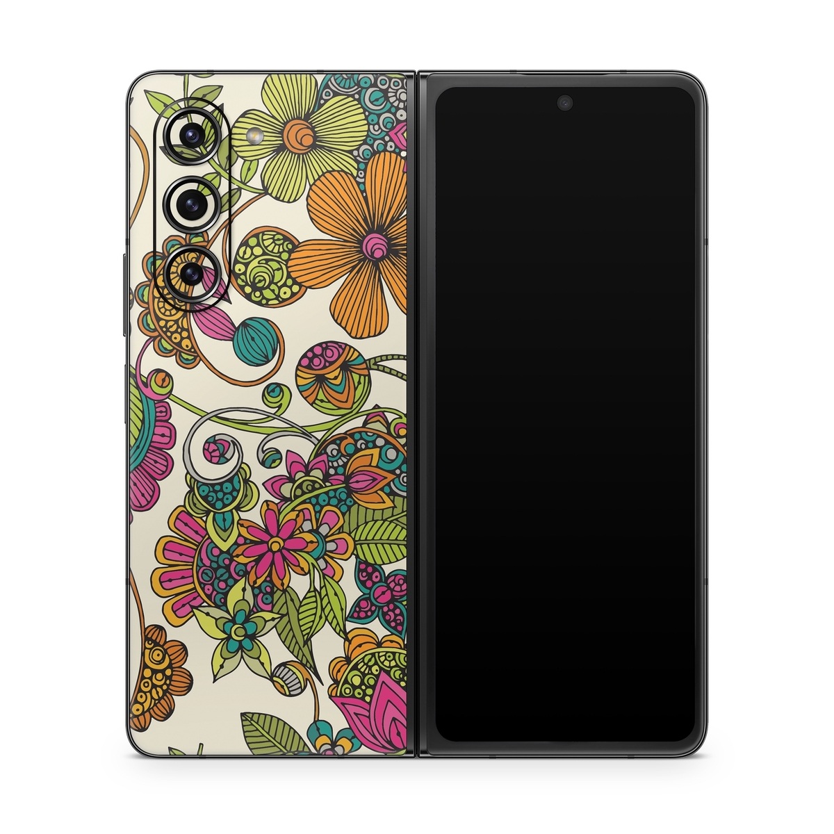 Samsung Galaxy Z Fold5 Skin design of Pattern, Floral design, Motif, Design, Visual arts, Botany, Pedicel, Flower, Plant, Textile, with green, pink, orange, blue colors