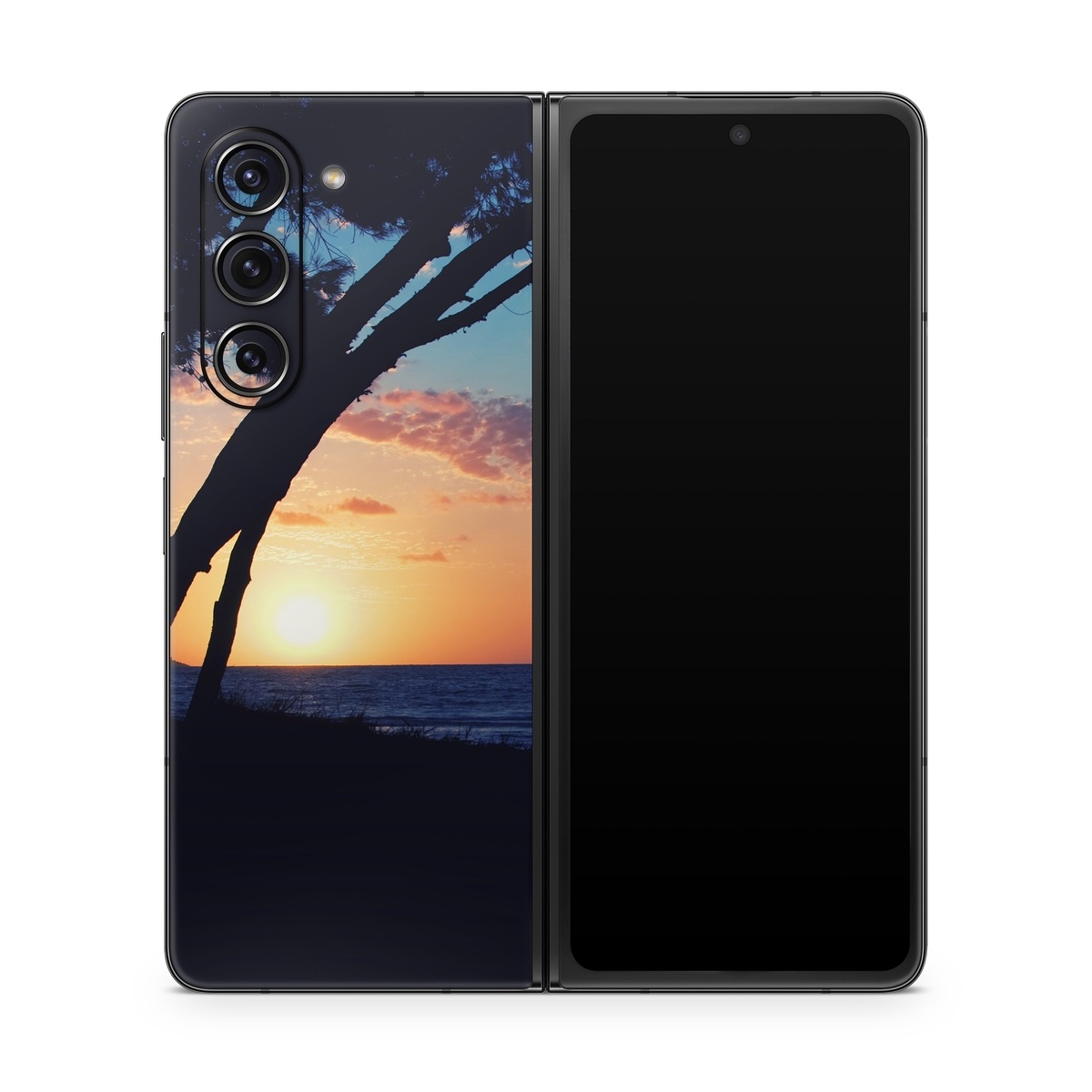 Samsung Galaxy Z Fold5 Skin design of Sky, Horizon, Nature, Tree, Sunset, Sunrise, Ocean, Sea, Natural landscape, Afterglow, with black, gray, blue, green, red, pink colors