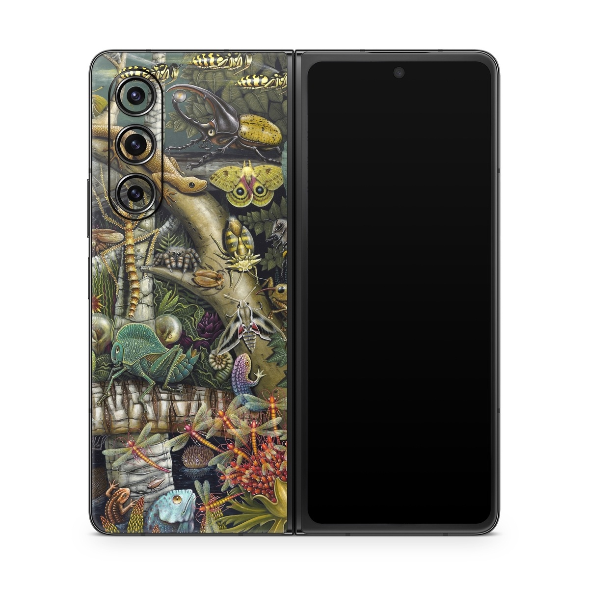 Samsung Galaxy Z Fold5 Skin design of Strategy video game, Mythology, Art, Games, Plant, Painting, Adventure game, Jungle, Fictional character, Nepenthes, with green, brown, red, yellow, gray, blue, white colors