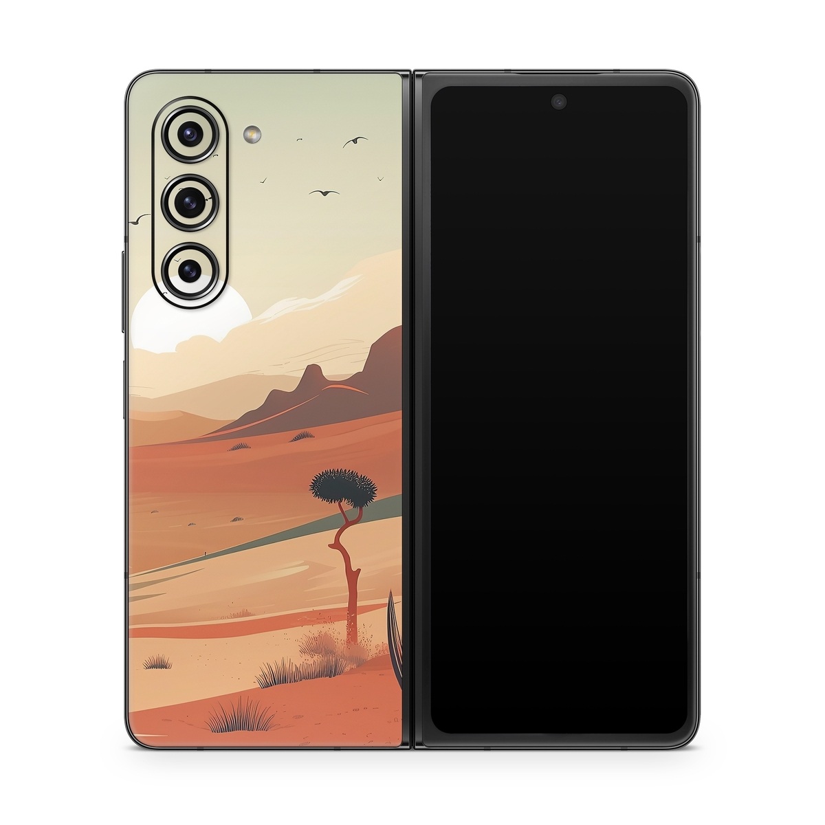 Samsung Galaxy Z Fold5 Skin design of Sky, Bird, Ecoregion, Light, Nature, Cloud, Natural environment, Moon, Natural landscape, Biome, with orange, yellow, brown, green, white, black colors