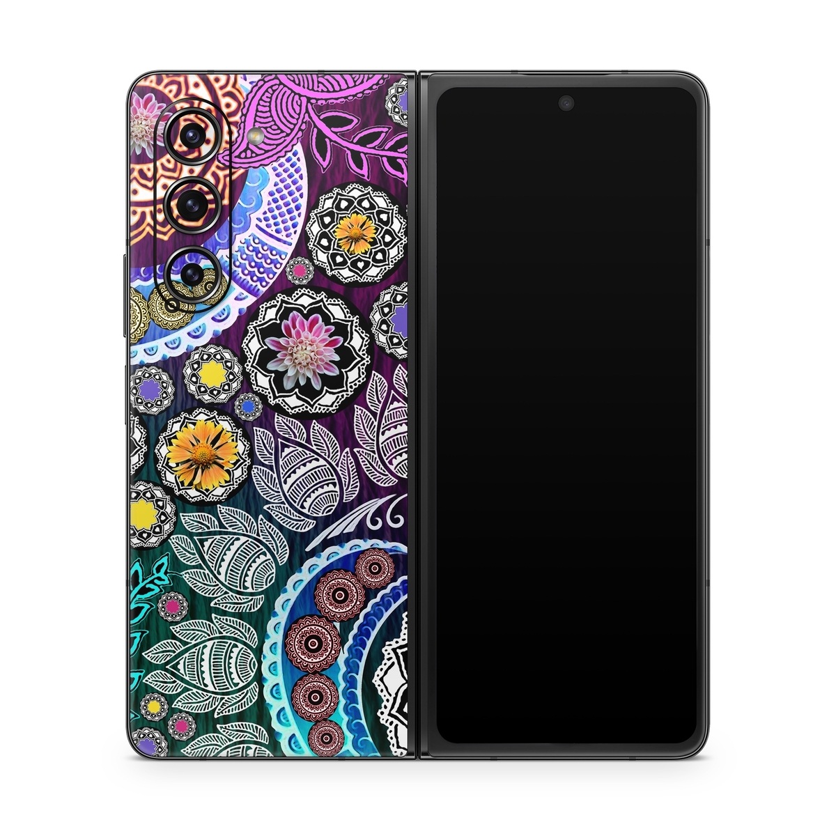Samsung Galaxy Z Fold5 Skin design of Pattern, Psychedelic art, Art, Visual arts, Design, Floral design, Textile, Motif, Circle, Illustration, with black, gray, purple, blue, green, red colors