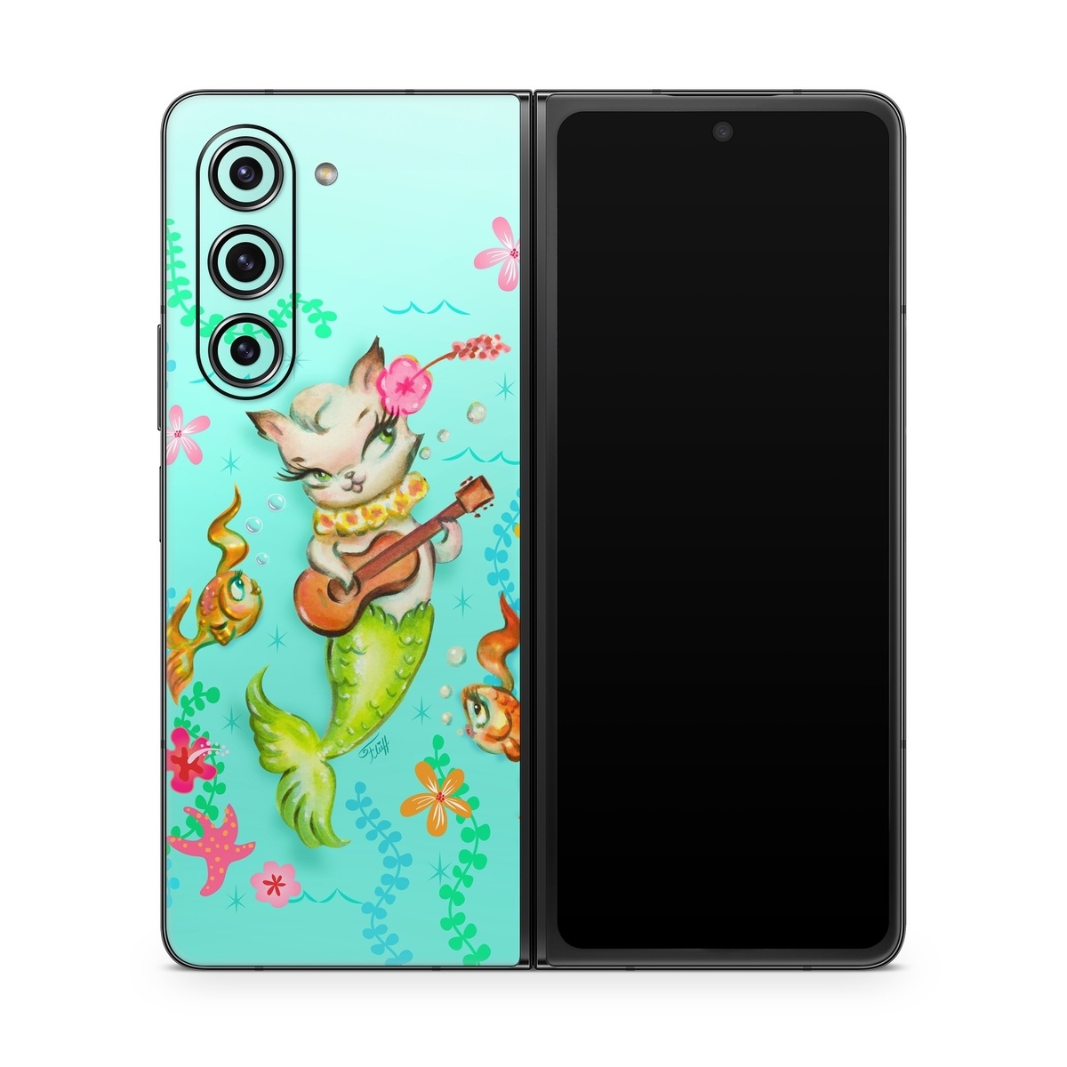 Samsung Galaxy Z Fold5 Skin design of Fictional character, Illustration, Mermaid, Mythical creature, Clip art, Art, with blue, green, pink, yellow, orange, white, gray, brown colors