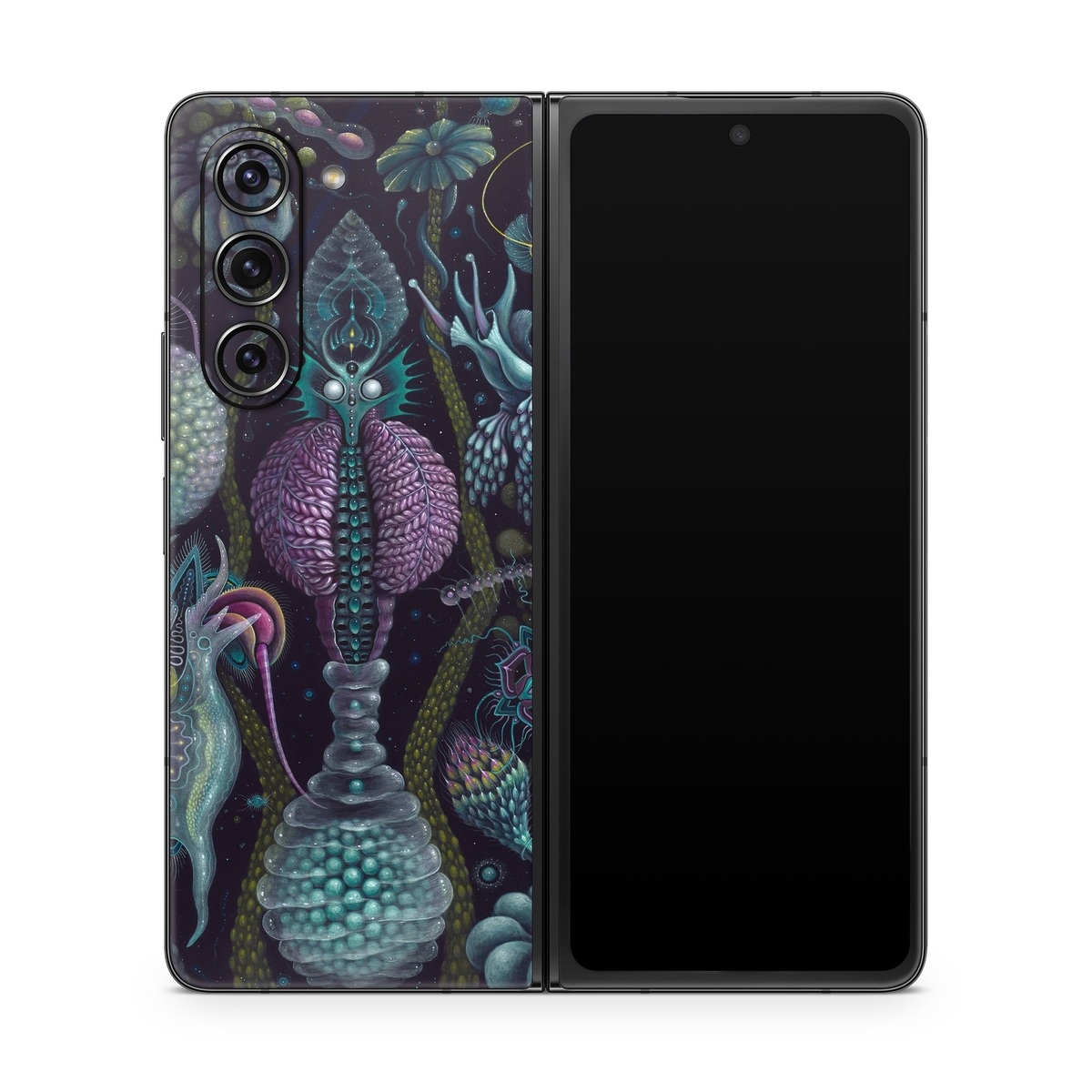 Samsung Galaxy Z Fold5 Skin design of Organism, Pattern, Art, Illustration, Fractal art, Psychedelic art, Design, Visual arts, Plant, Modern art, with black, green, purple, pink, yellow, blue colors