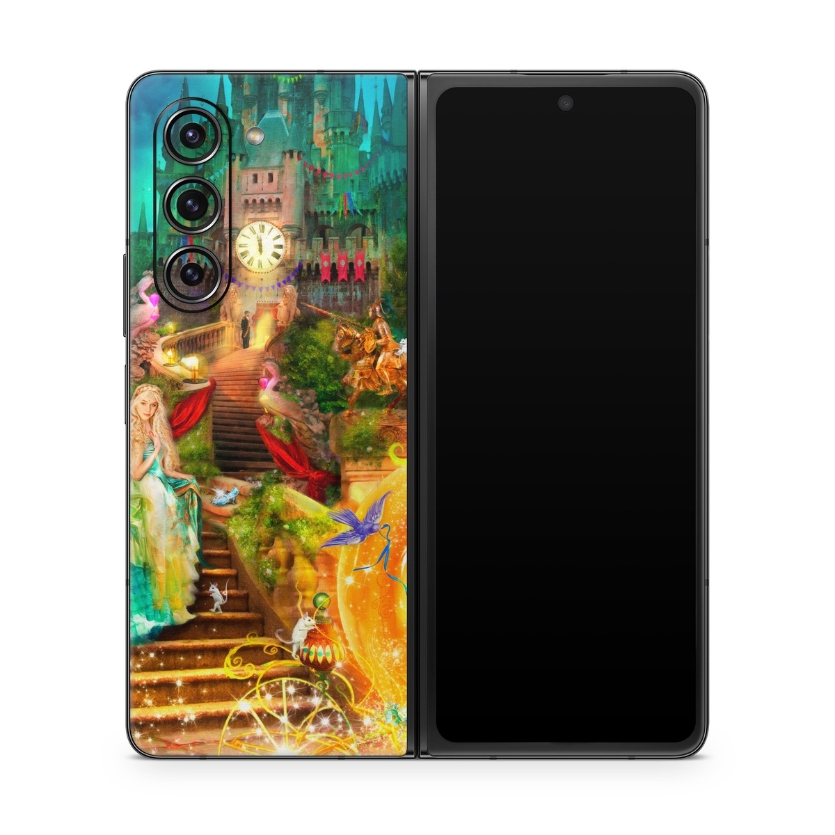 Samsung Galaxy Z Fold5 Skin design of Mythology, Adventure game, World, Fictional character, Theatrical scenery, Art, with yellow, orange, blue, green, red, purple, white, black colors
