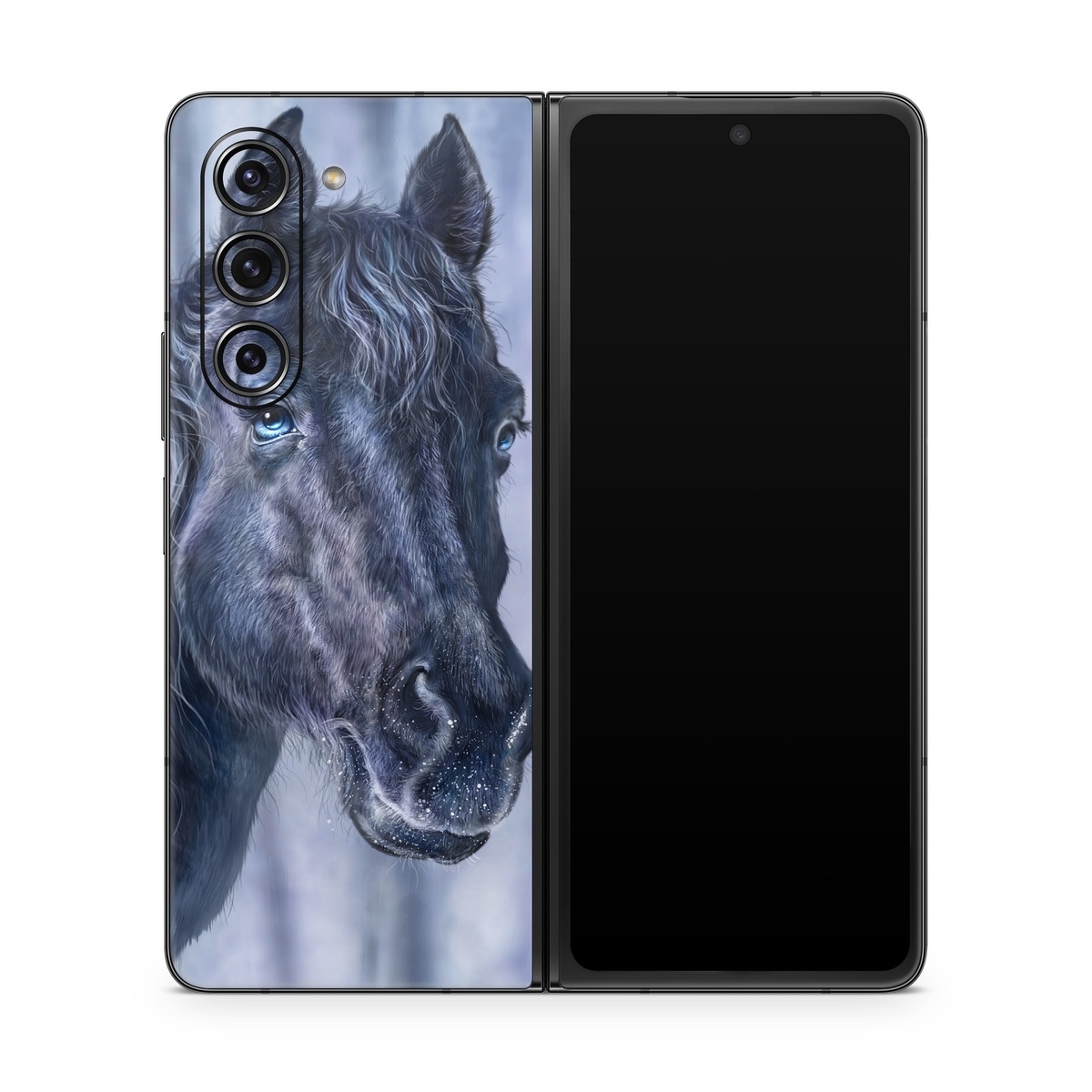 Samsung Galaxy Z Fold5 Skin design of Horse, Mammal, Vertebrate, Hair, Mane, Stallion, Snout, Mare, Mustang horse, Livestock, with black, white, blue colors