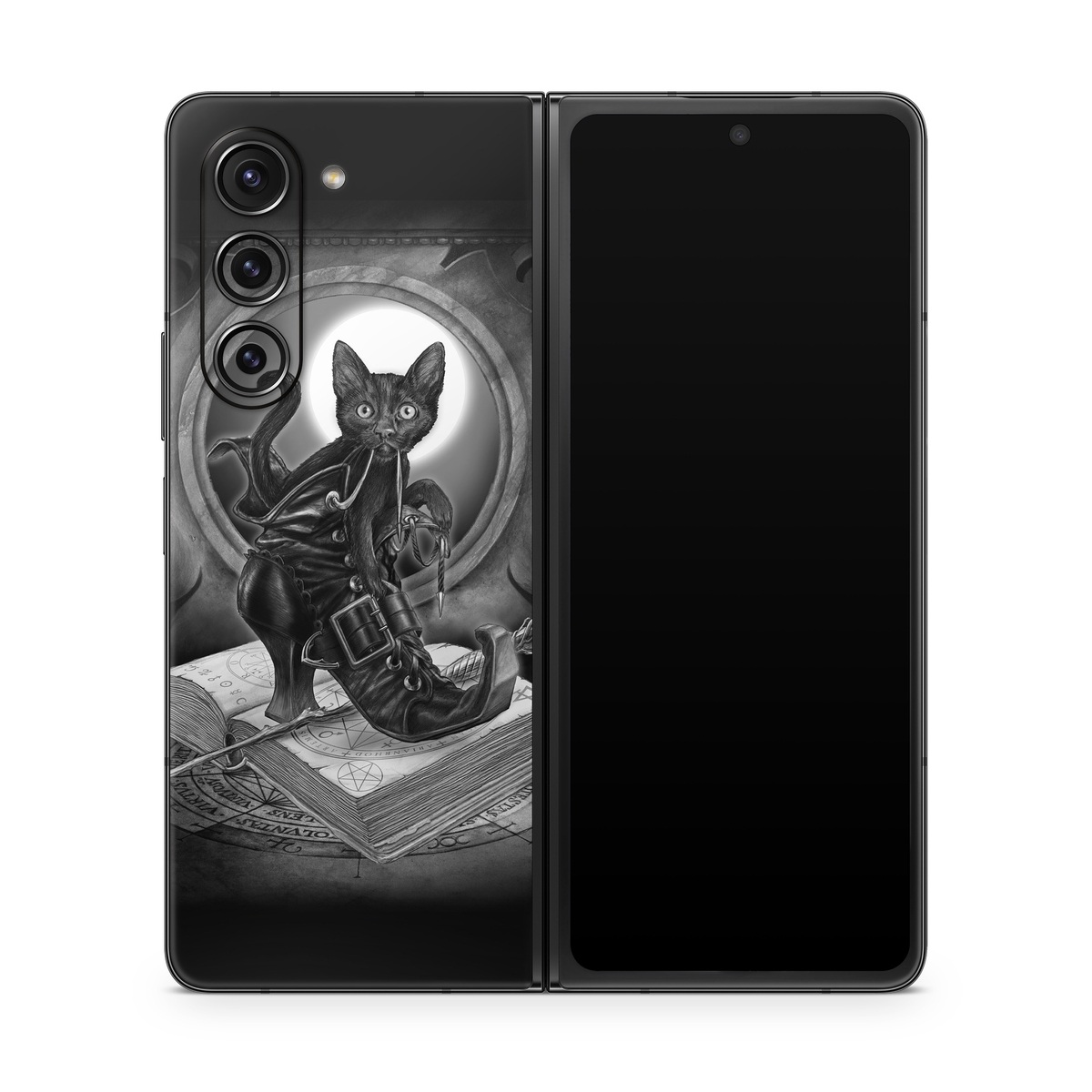 Samsung Galaxy Z Fold5 Skin design of Cat, Boot, Book, Wand, Shoelace, Mirror, with black, white, gray colors