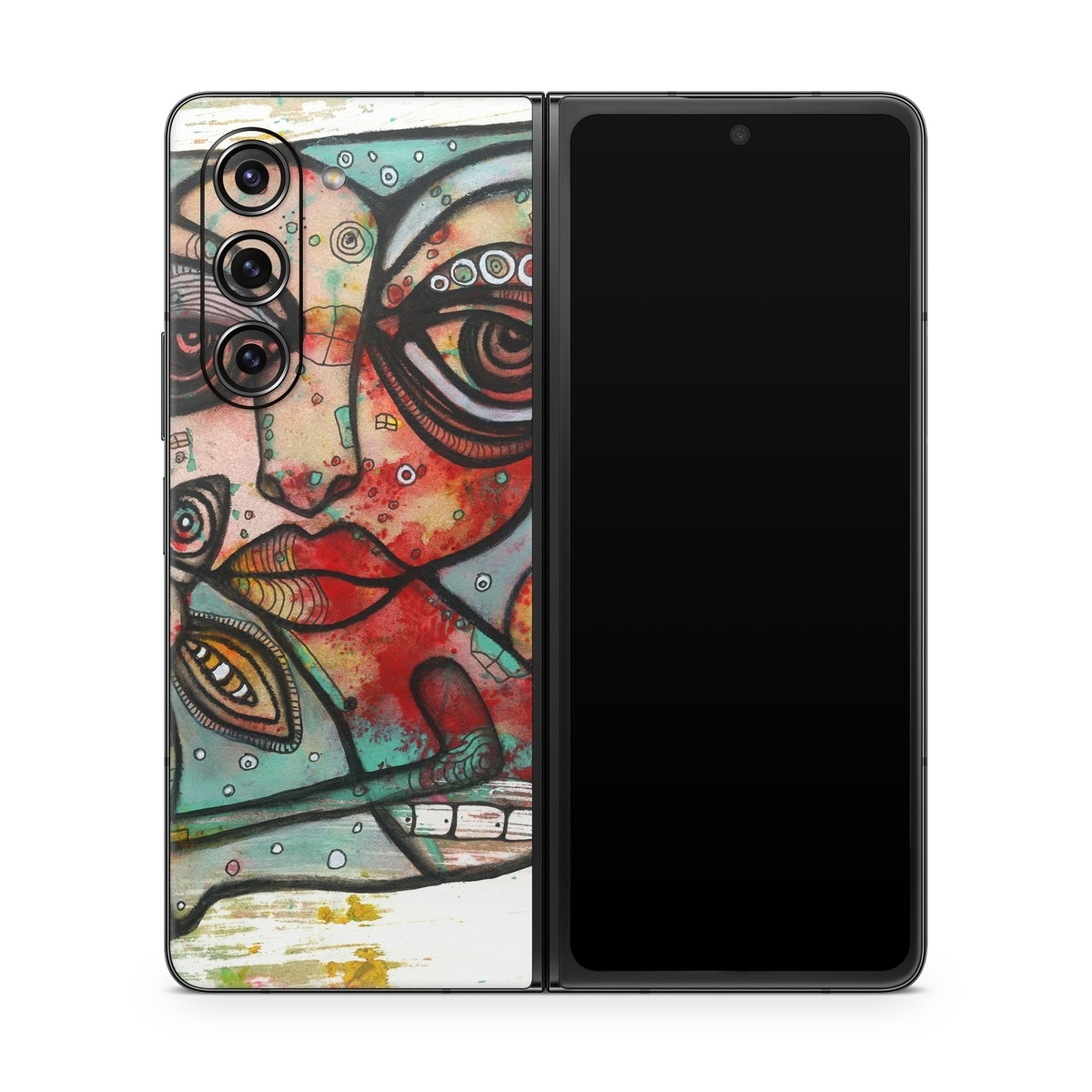 Samsung Galaxy Z Fold5 Skin design of Modern art, Art, Painting, Illustration, Visual arts, Psychedelic art, Acrylic paint, Watercolor paint, Graffiti, Drawing, with gray, black, red, green, blue, white colors
