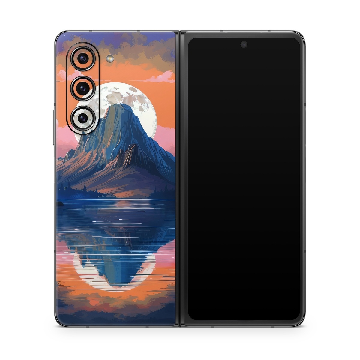 Samsung Galaxy Z Fold5 Skin design of Water, Sky, Cloud, Daytime, World, Mountain, Natural Landscape,  Azure, Paint, Plant, Tree, with black, blue, red, yellow, orange, pink, purple colors