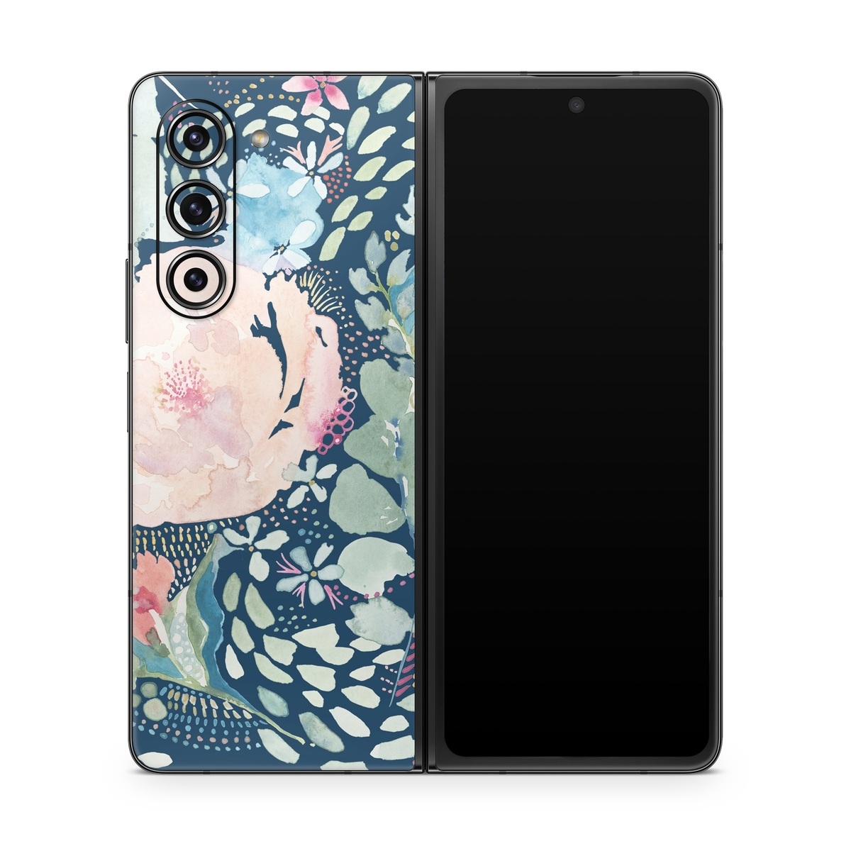 Samsung Galaxy Z Fold5 Skin design of Flower, Plant, Petal, Botany, Textile, Sleeve, Creative arts, Art, Painting, Aqua, with blue, pink, green, white, orange, yellow, red colors