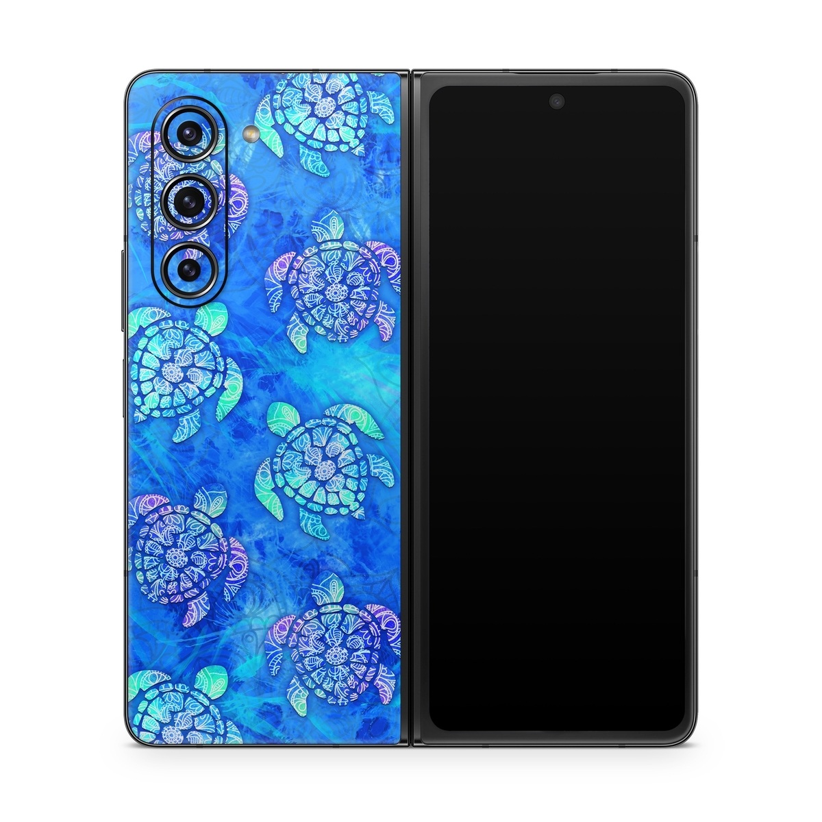 Samsung Galaxy Z Fold5 Skin design of Blue, Pattern, Organism, Design, Sea turtle, Plant, Electric blue, Hydrangea, Flower, Symmetry, with blue, green, purple colors
