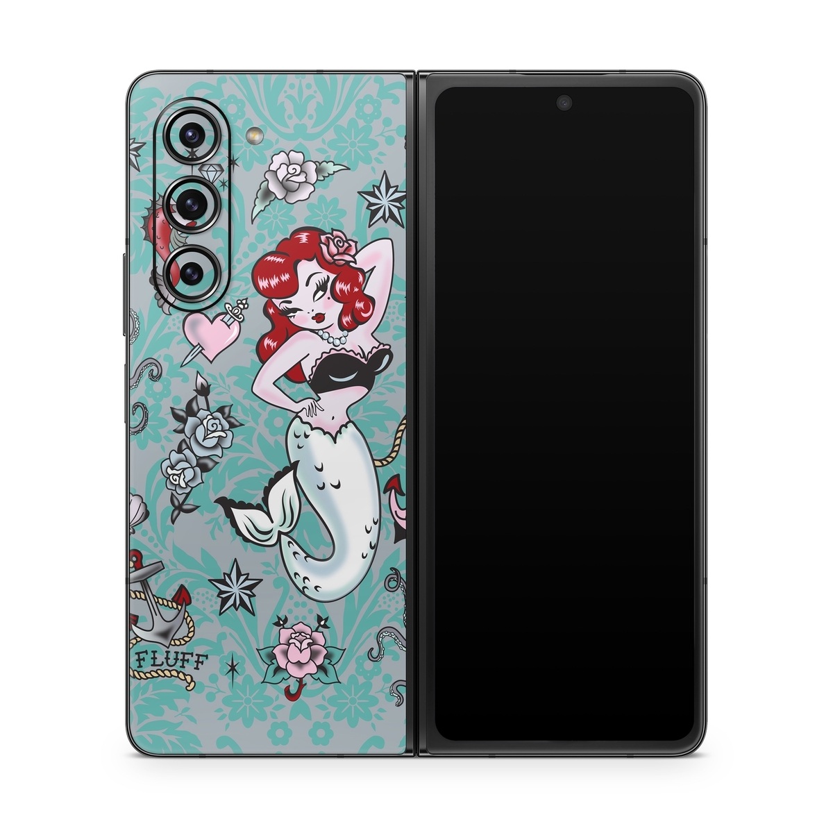 Samsung Galaxy Z Fold5 Skin design of Mermaid, Illustration, Fictional character, Organism, Art, Pattern, Style, with gray, blue, black, red, white, pink colors