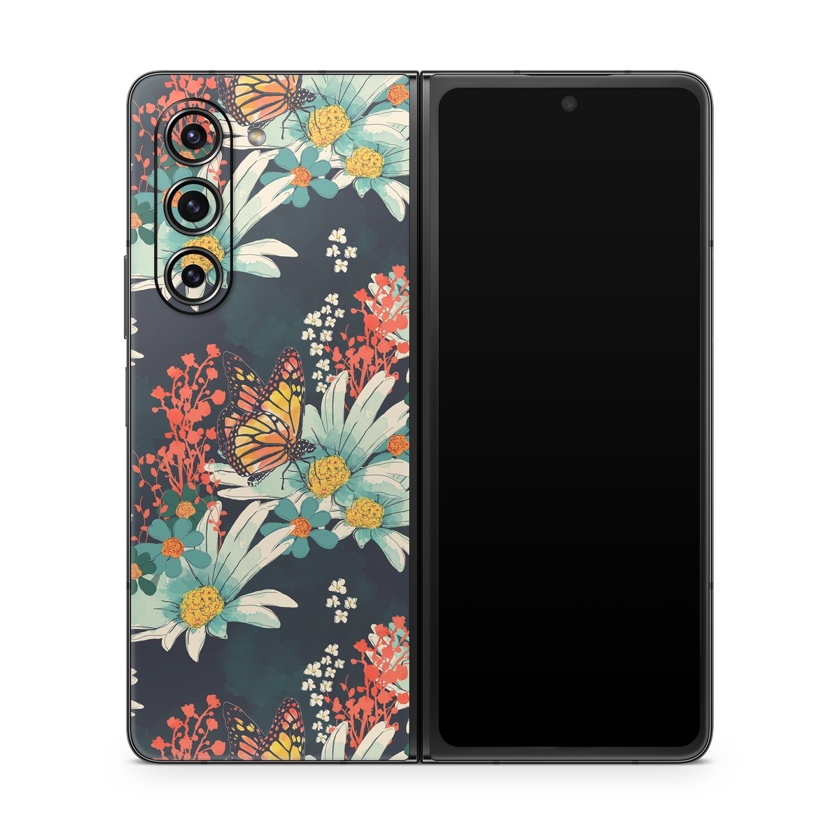 Samsung Galaxy Z Fold5 Skin design of Floral design, Pattern, Flower, Floristry, Textile, Botany, Plant, Visual arts, Design, Flower Arranging, with black, gray, green, red, blue, pink colors