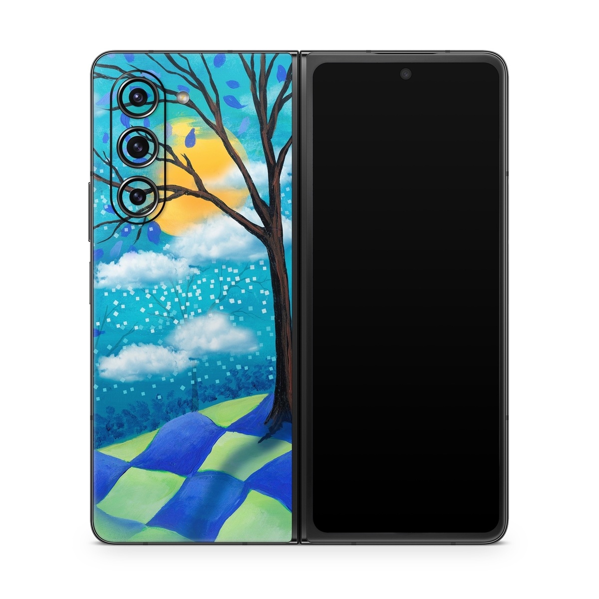 Samsung Galaxy Z Fold5 Skin design of Natural landscape, Nature, Blue, Tree, Sky, Branch, Spring, Woody plant, Plant, Leaf, with blue, gray, black, purple, green colors