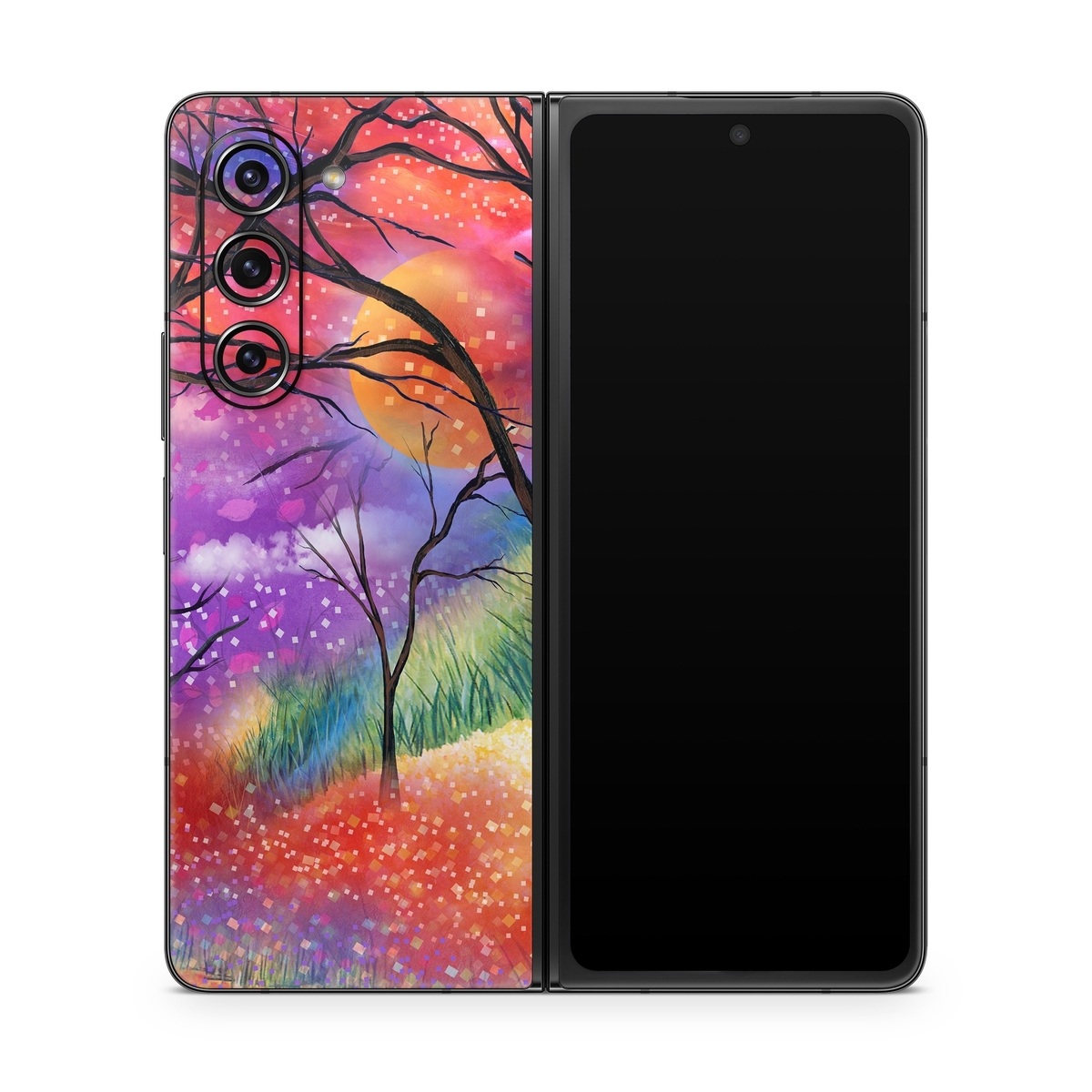 Samsung Galaxy Z Fold5 Skin design of Nature, Tree, Natural landscape, Painting, Watercolor paint, Branch, Acrylic paint, Purple, Modern art, Leaf, with red, purple, black, gray, green, blue colors