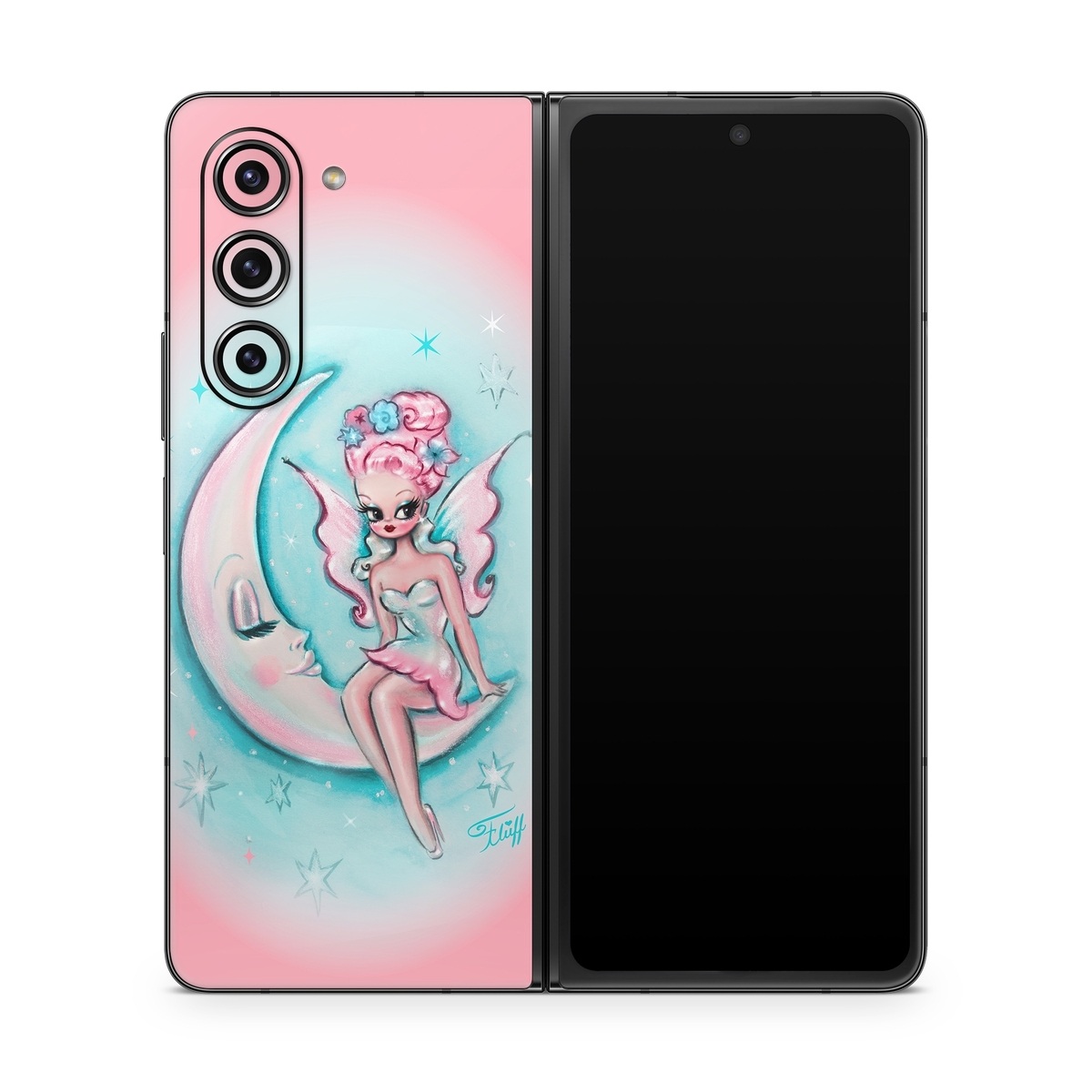 Samsung Galaxy Z Fold5 Skin design of Fictional character, Angel, Cartoon, Pink, Illustration, Mythical creature, Art, with blue, pink, white colors