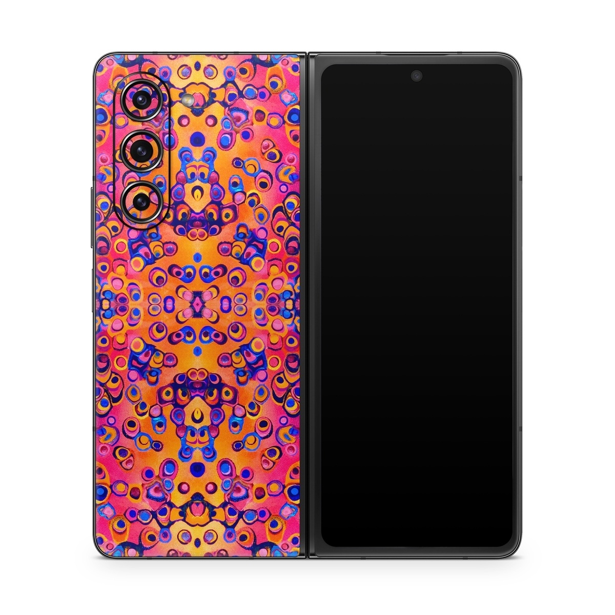 Samsung Galaxy Z Fold5 Skin design of Pattern, Psychedelic art, Symmetry, with orange, purple, blue, pink colors