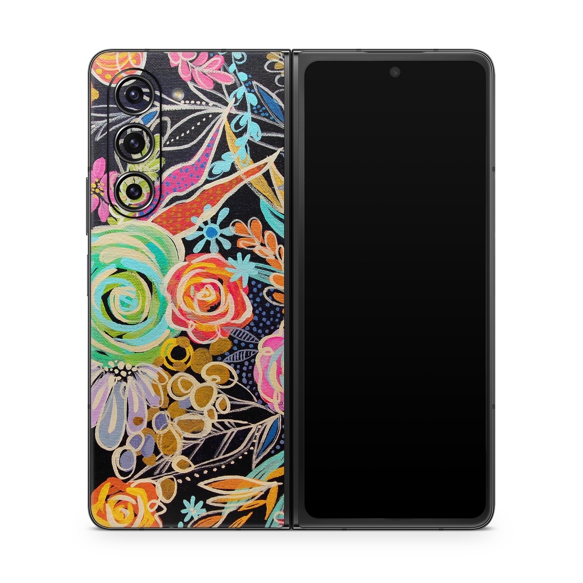Samsung Galaxy Z Fold5 Skin design of Pattern, Floral design, Design, Textile, Visual arts, Art, Graphic design, Psychedelic art, Plant, with black, gray, green, red, blue colors