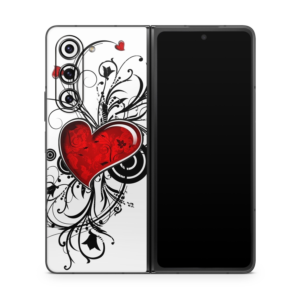 Samsung Galaxy Z Fold5 Skin design of Heart, Line art, Love, Clip art, Plant, Graphic design, Illustration, with white, gray, black, red colors
