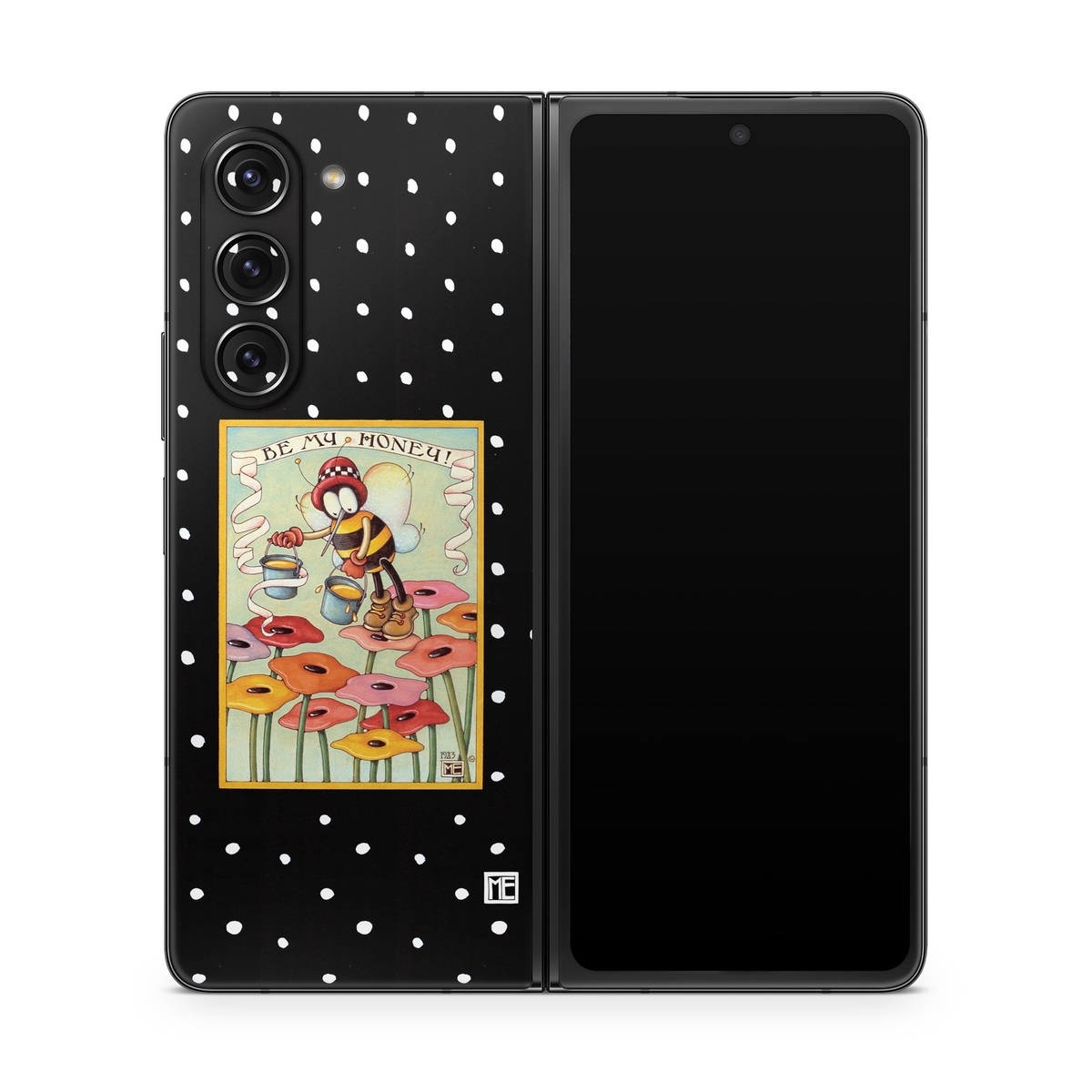 Samsung Galaxy Z Fold5 Skin design of Cartoon, Illustration, Art, with black, white, yellow, orange, pink, red, blue, green colors