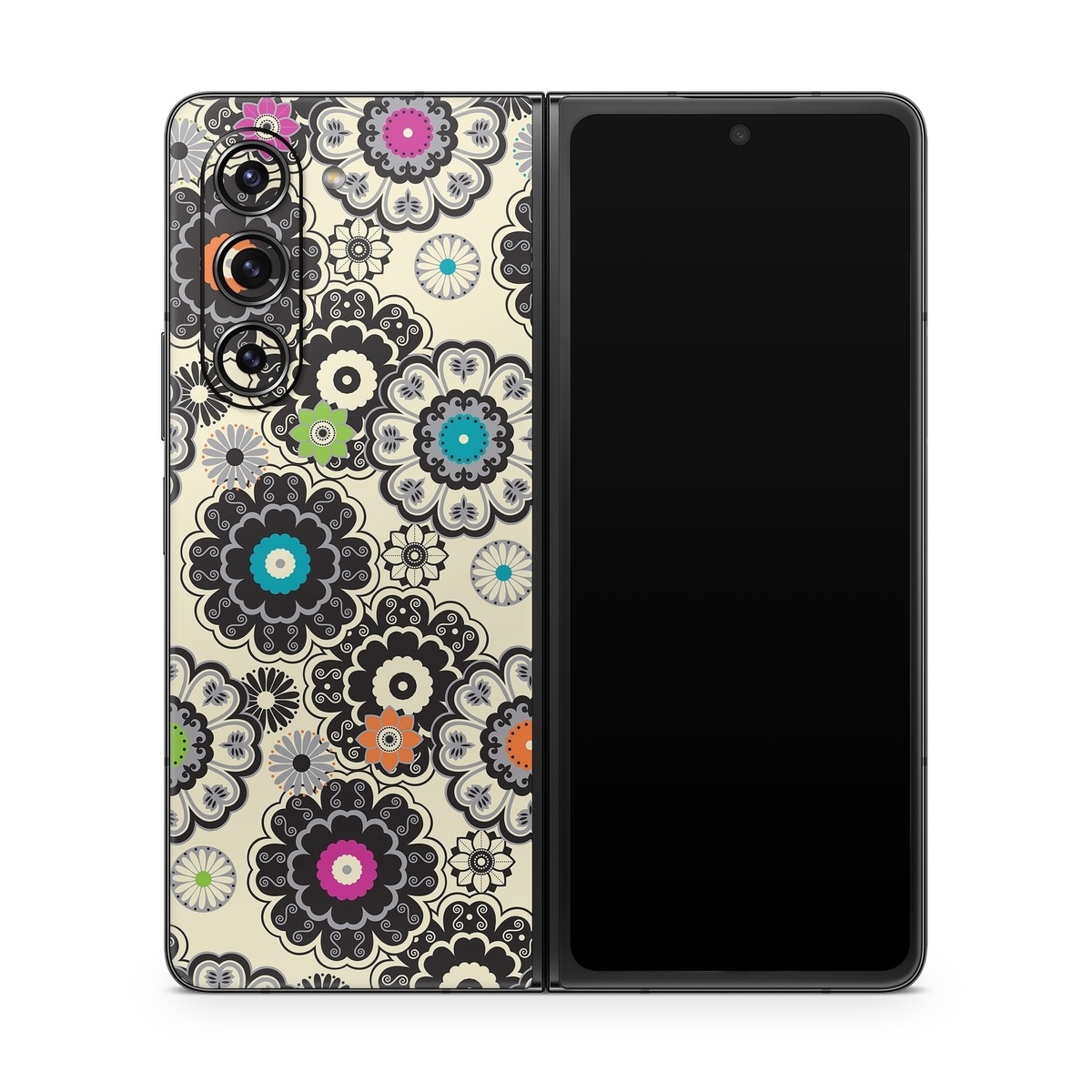 Samsung Galaxy Z Fold5 Skin design of Pattern, Circle, Design, Visual arts, Floral design, Textile, Psychedelic art, Art, Plant, with gray, black, pink, green, purple colors