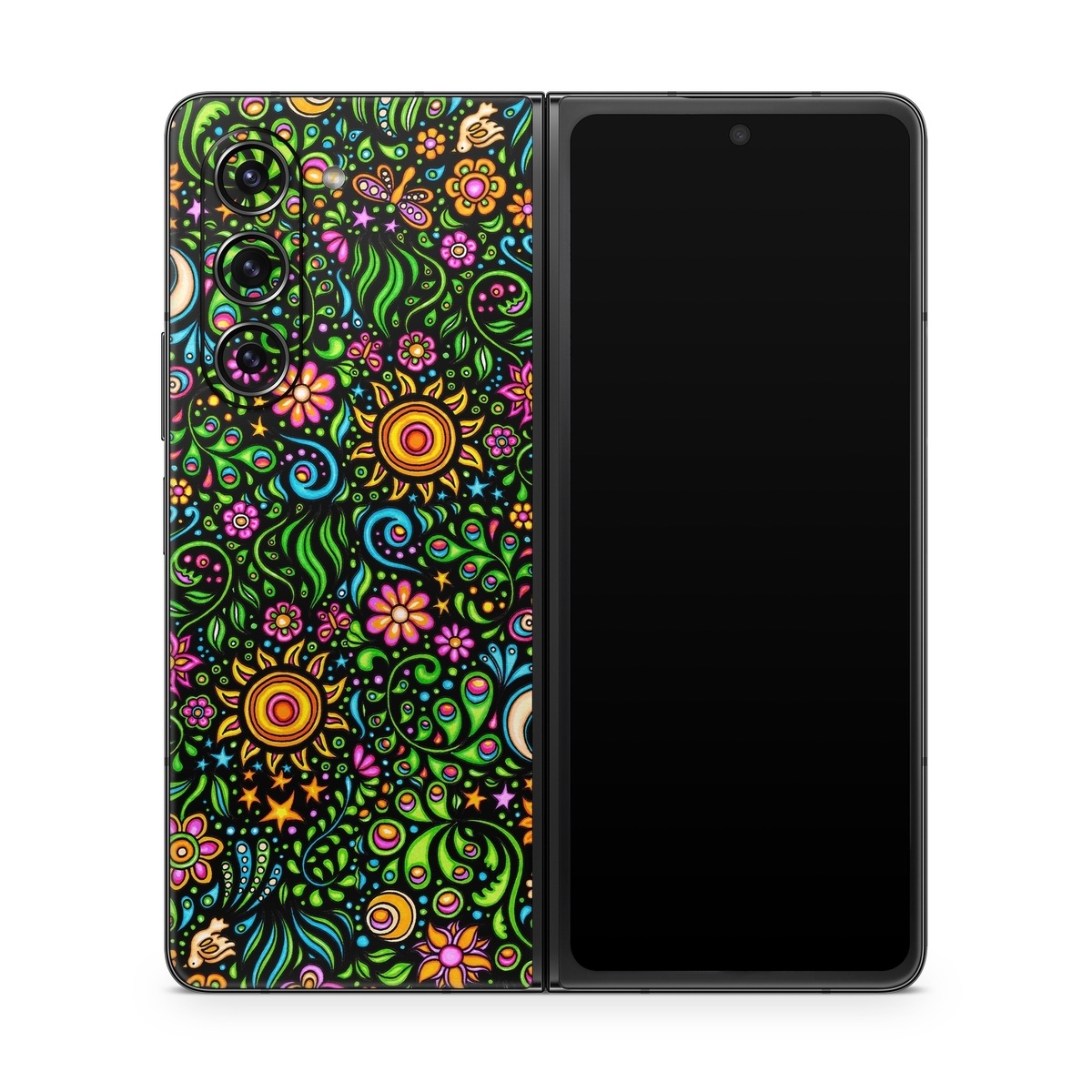 Samsung Galaxy Z Fold5 Skin design of Pattern, Psychedelic art, Visual arts, Art, Design, Motif, Organism, Circle, Textile, Plant, with black, red, green, blue, purple colors