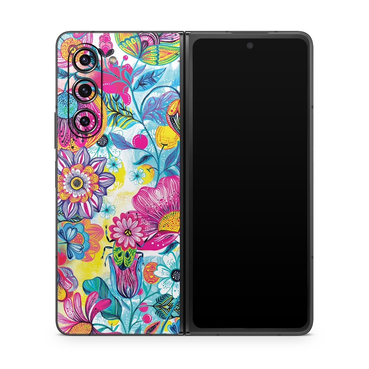 Samsung Galaxy Z Fold5 Skin design of Pattern, Floral design, Textile, Design, Flower, Wildflower, Visual arts, Plant, Wrapping paper, with blue, pink, purple, green, yellow, orange, white colors