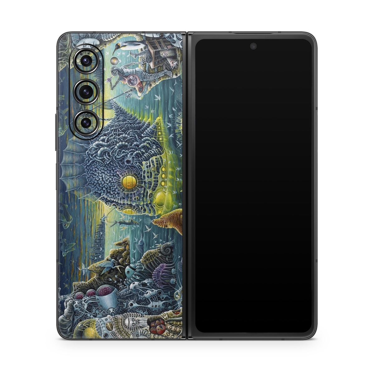 Samsung Galaxy Z Fold5 Skin design of Organism, Water, Illustration, Art, Painting, Cg artwork, Fiction, Fictional character, Marine biology, Mythology, with black, gray, blue, green colors
