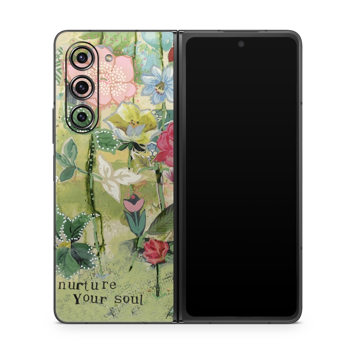 Samsung Galaxy Z Fold5 Skin design of Flower, Plant, Botany, Pink, Wildflower, Flowering plant, Watercolor paint, Petal, Floral design, Pattern, with green, pink, red, blue, white, black colors