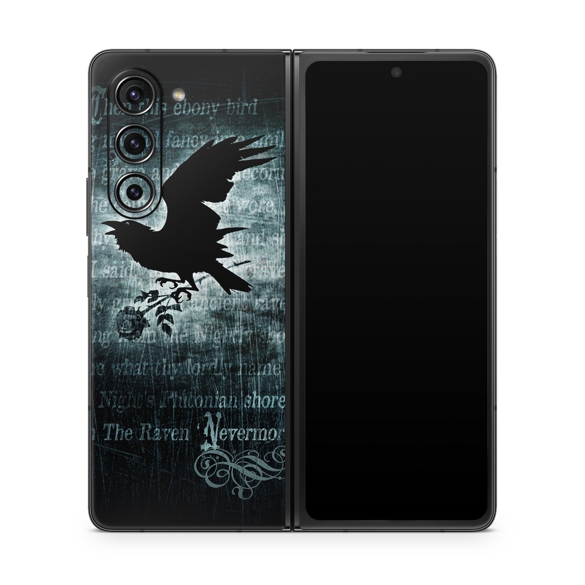 Samsung Galaxy Z Fold5 Skin design of Bird, Text, Wing, Graphic design, Darkness, Font, Illustration, Graphics, with black, white, blue colors