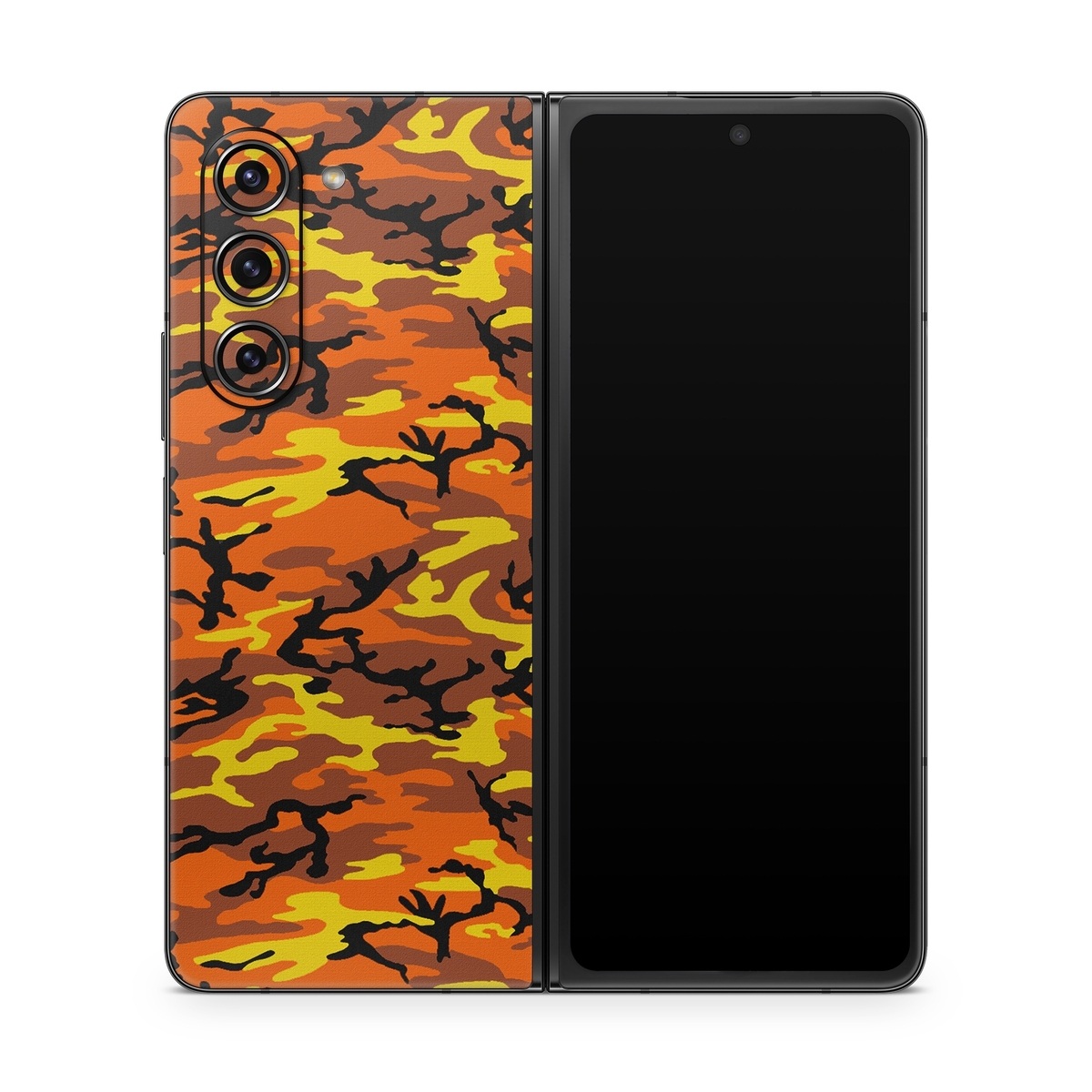 Samsung Galaxy Z Fold5 Skin design of Military camouflage, Orange, Pattern, Camouflage, Yellow, Brown, Uniform, Design, Tree, Wildlife, with red, green, black colors