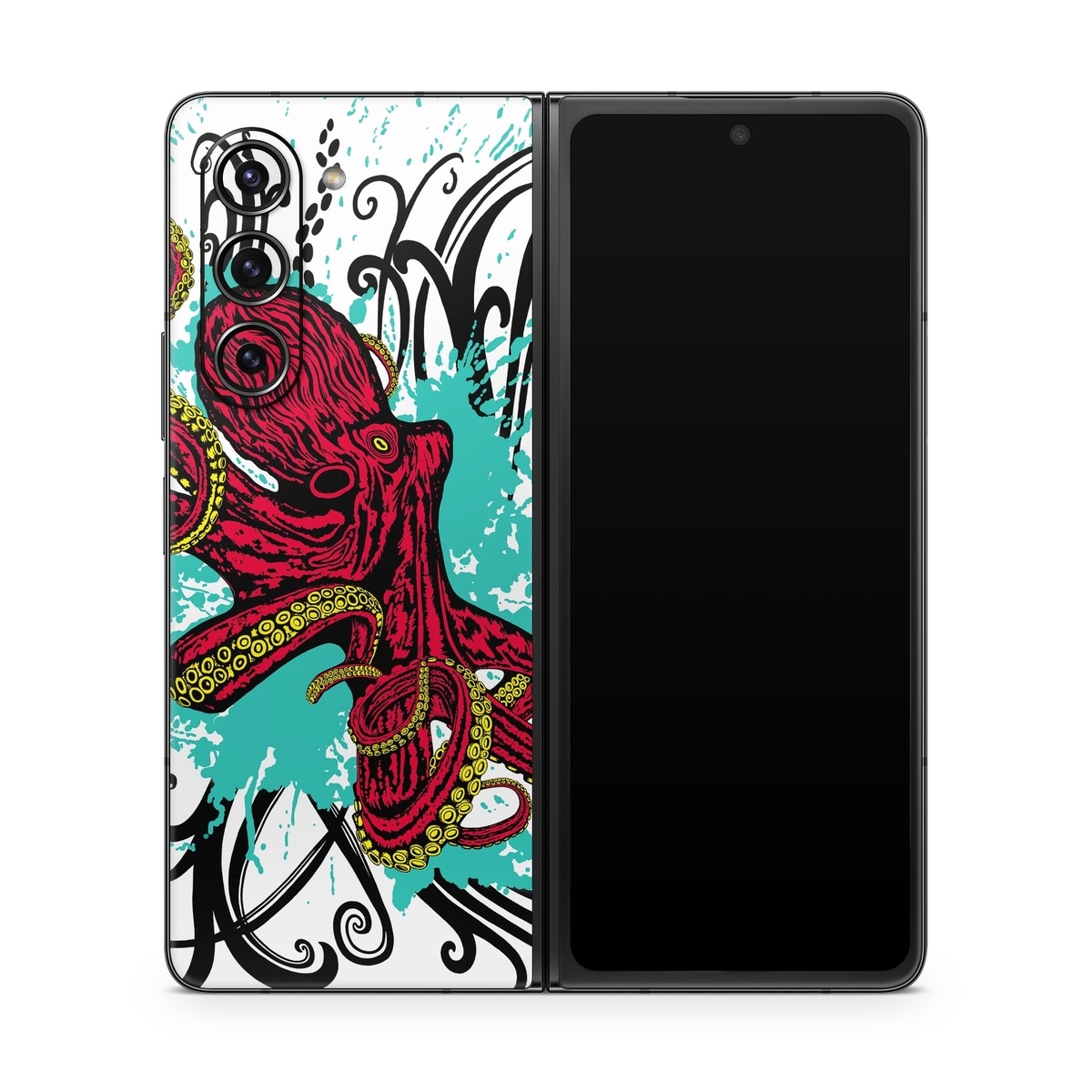Samsung Galaxy Z Fold5 Skin design of Graphic design, Illustration, Visual arts, Octopus, Design, Art, Fictional character, Pattern, Clip art, Line art, with black, white, gray, red, blue, green colors