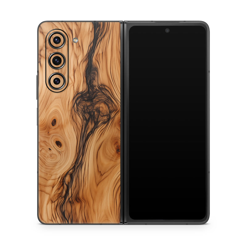 Samsung Galaxy Z Fold5 Skin design of Brown, Wood, Trunk, Wood stain, Floor, Liquid, Art, Woody plant, Landscape, Flooring, with black, brown, orange colors