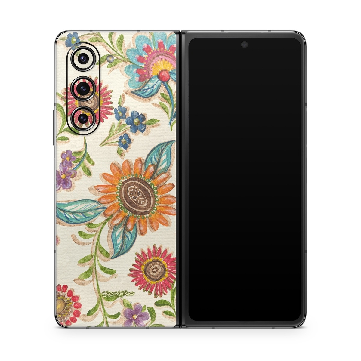 Samsung Galaxy Z Fold5 Skin design of Pattern, Floral design, Flower, Botany, Design, Visual arts, Textile, Plant, Wildflower, Pedicel, with gray, green, pink, yellow, red, blue colors
