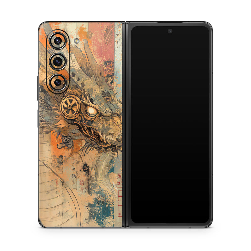 Samsung Galaxy Z Fold5 Skin design of Visual arts, Painting, Illustration, Fictional character, CG artwork, Modern art, Graphics, Graphic design, Mythical creature, Art Paint, with yellow, orange, black, gray, red colors