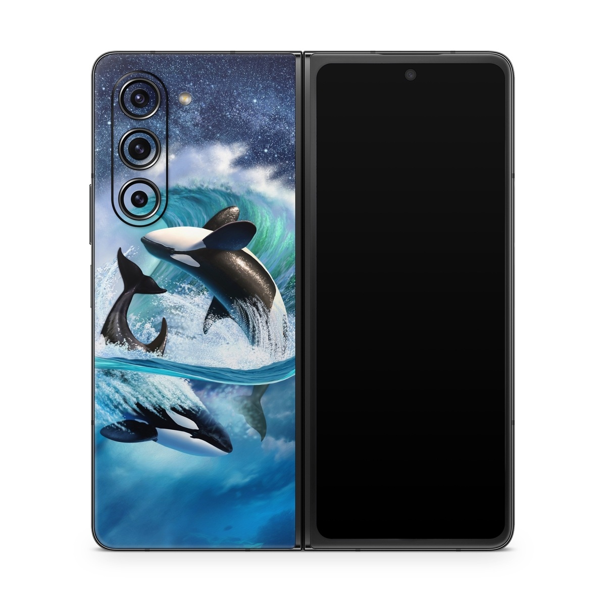 Samsung Galaxy Z Fold5 Skin design of Dolphin, Short-beaked common dolphin, Sky, Cetacea, Killer whale, Marine mammal, Water, Illustration, Bottlenose dolphin, Common bottlenose dolphin, with black, blue, white, green colors