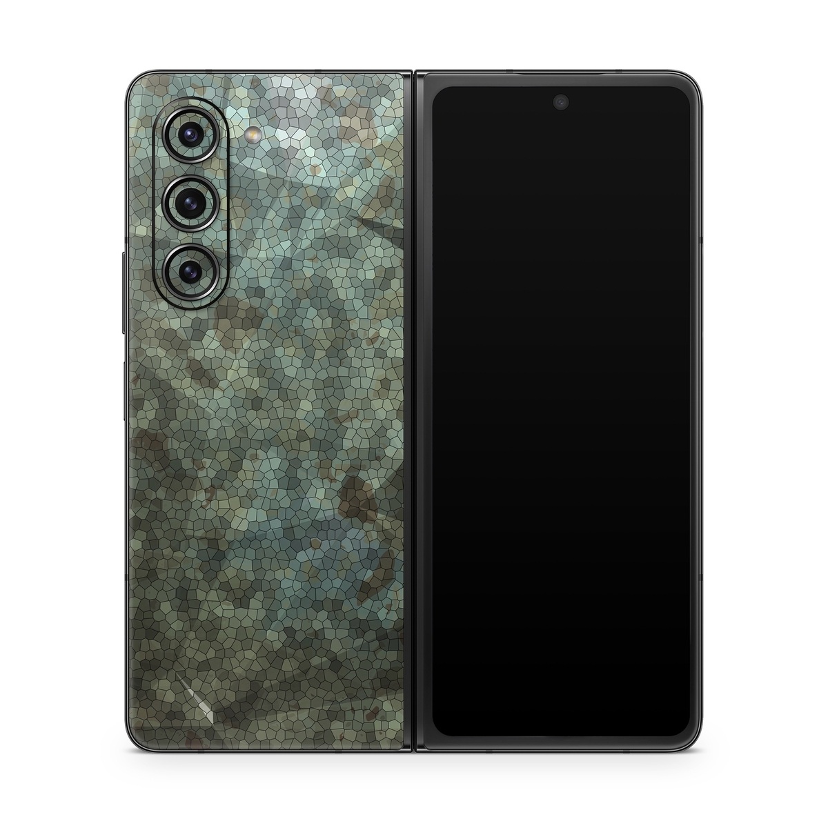 Samsung Galaxy Z Fold5 Skin design of Green, Pattern, Brown, Wall, Design, Rock, Geology, Camouflage, Granite, Metal, with black, brown, blue, gray, white colors