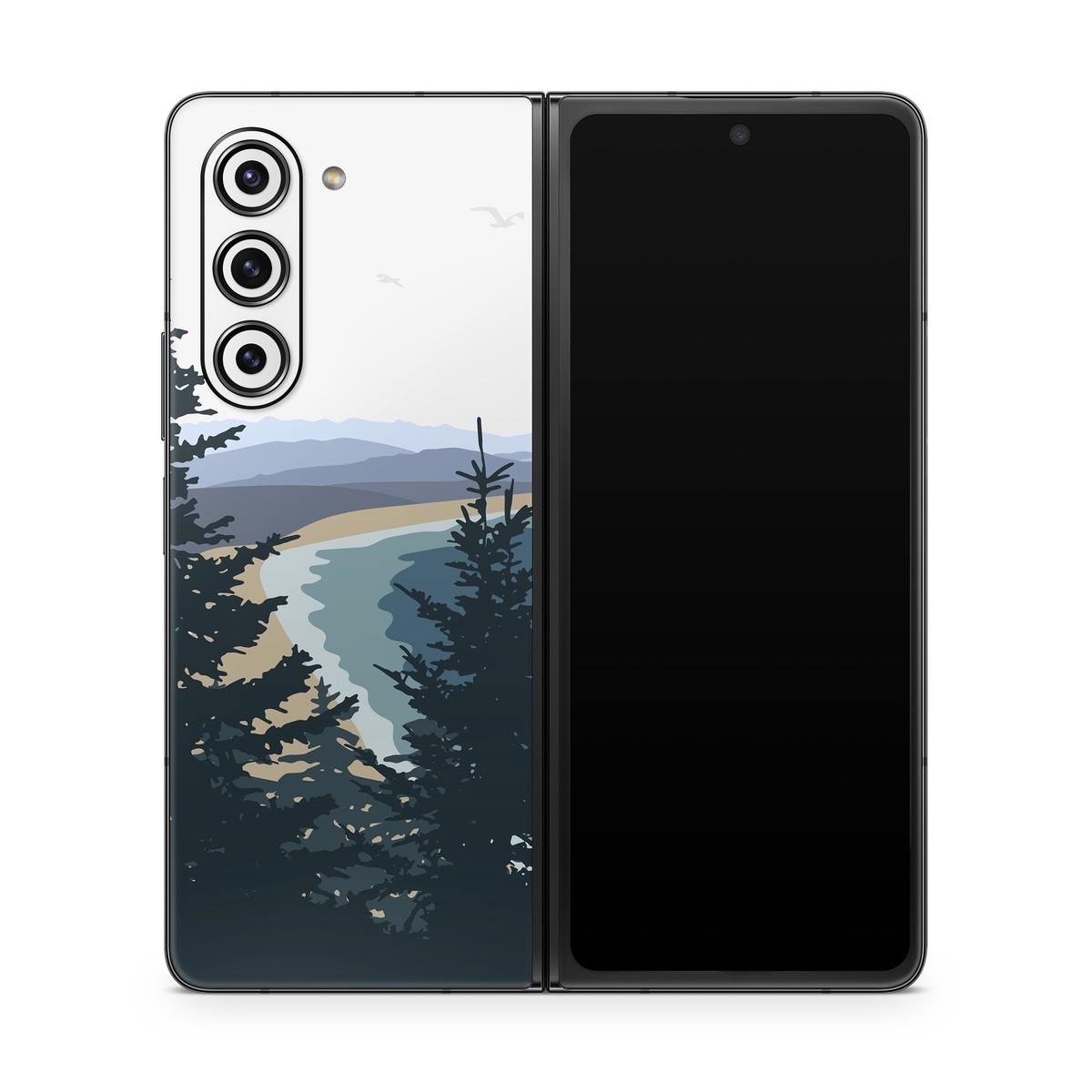 Samsung Galaxy Z Fold5 Skin design of Sky, Plant, Mountain, Natural landscape, Branch, Larch, Tree, Highland, Atmospheric phenomenon, Evergreen, with white, blue, yellow, gray, black, green colors